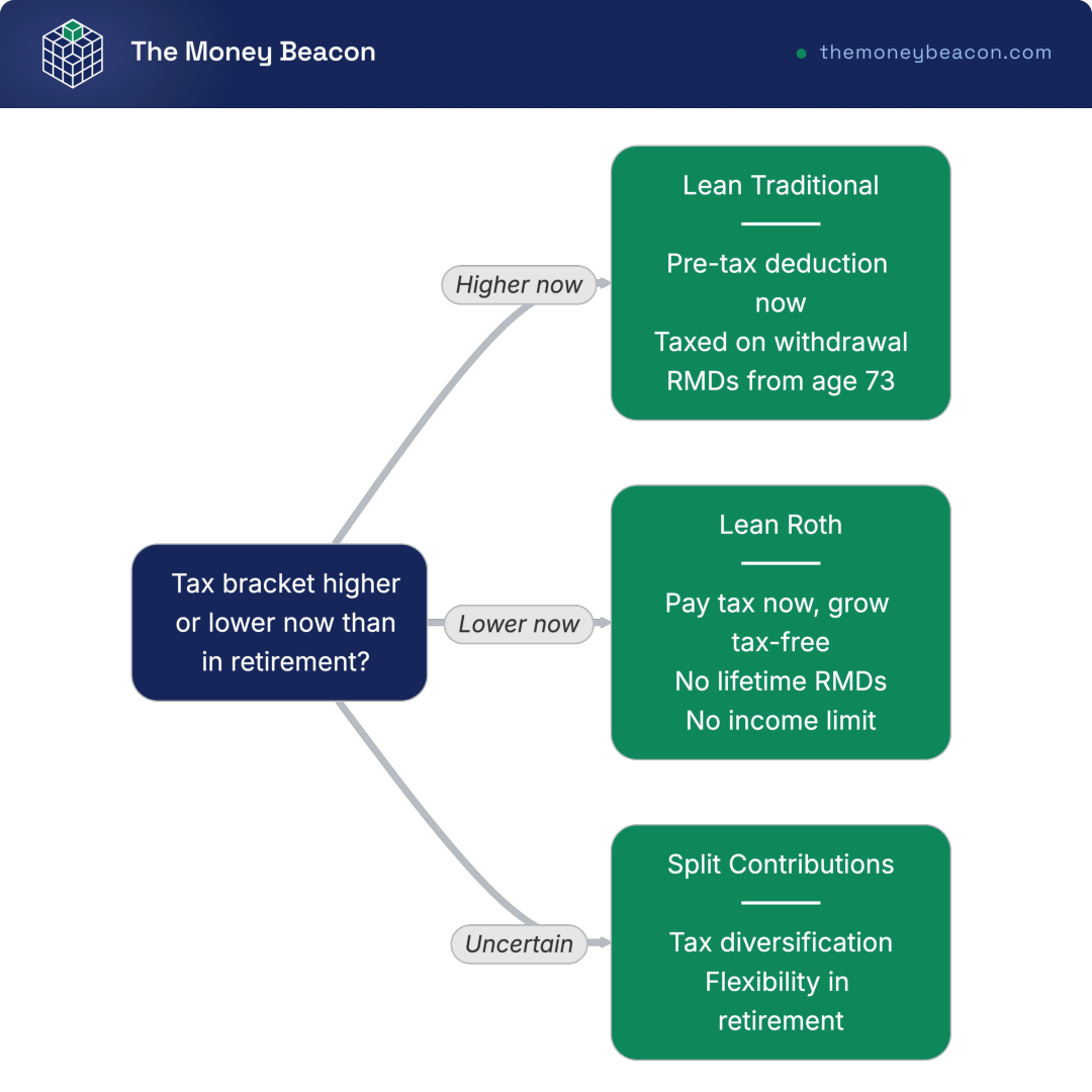 Decision tree choosing traditional or Roth 401(k) contributions, branching on whether your tax bracket is higher or lower now than in retirement.