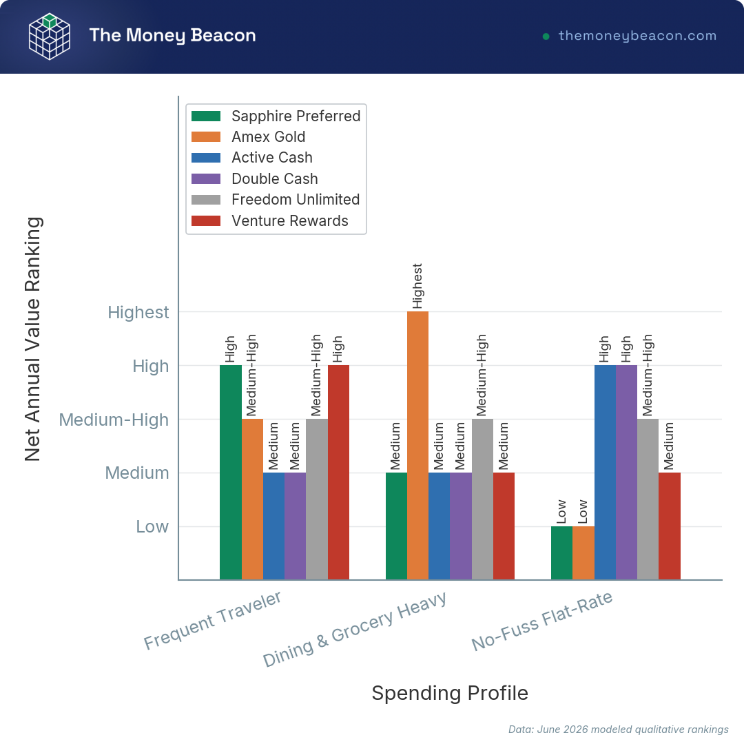 Grouped bar chart of modeled net annual value for six rewards credit cards across three spending profiles.