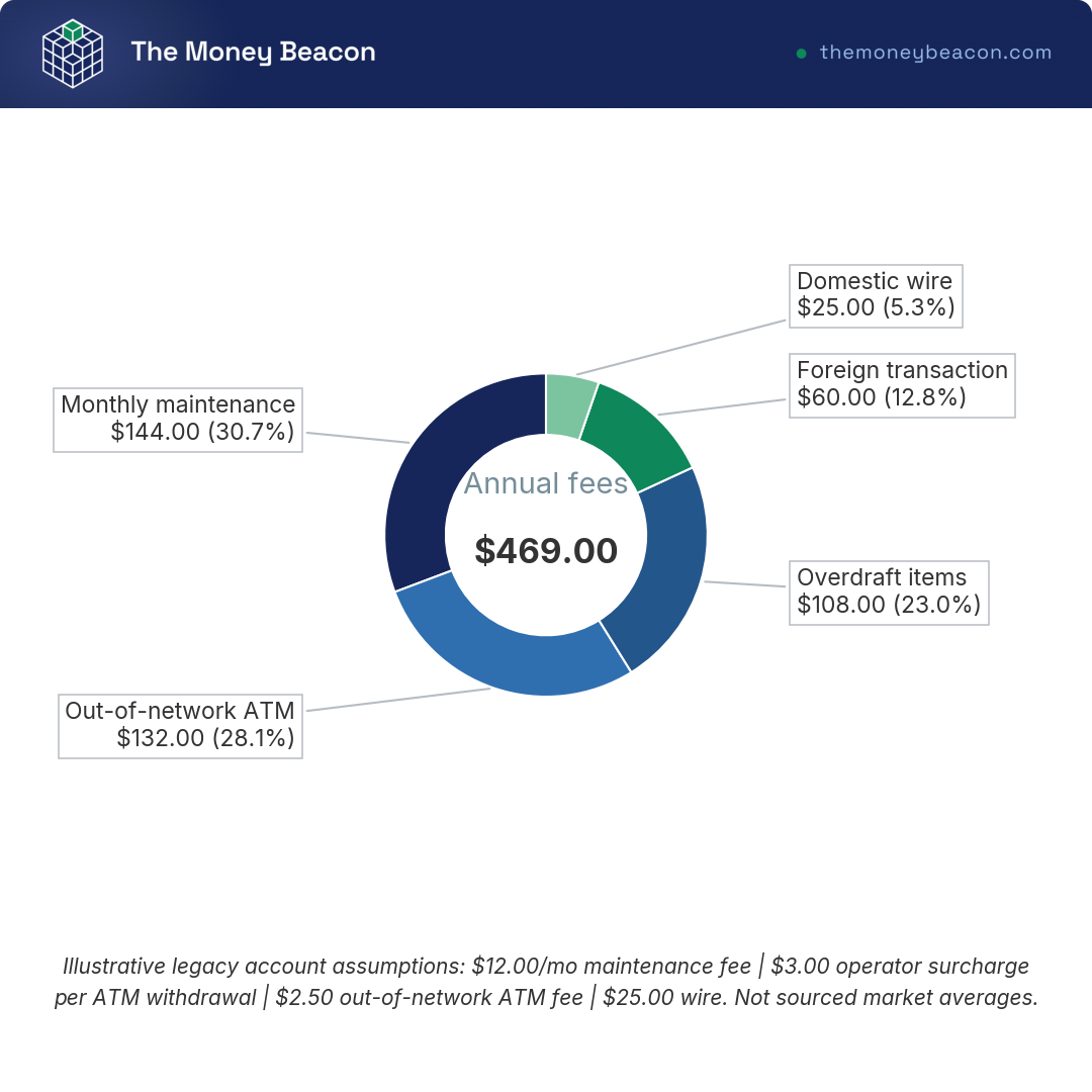Donut chart splitting $469 of annual legacy checking fees into monthly maintenance, ATM, overdraft, foreign and wire slices.