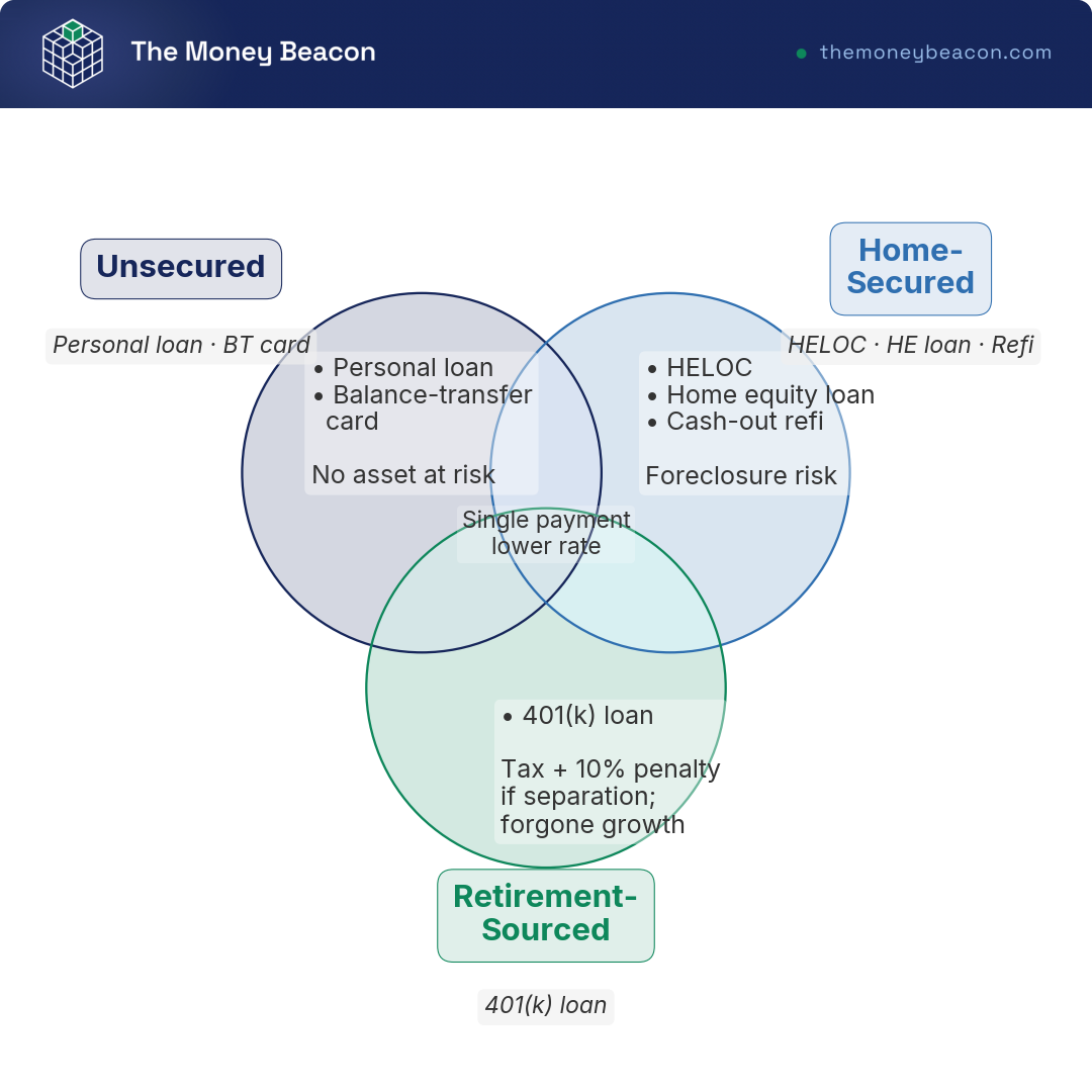 Venn diagram with 3 circles showing distinct risks of unsecured, home-secured, and retirement-sourced debt consolidation methods.