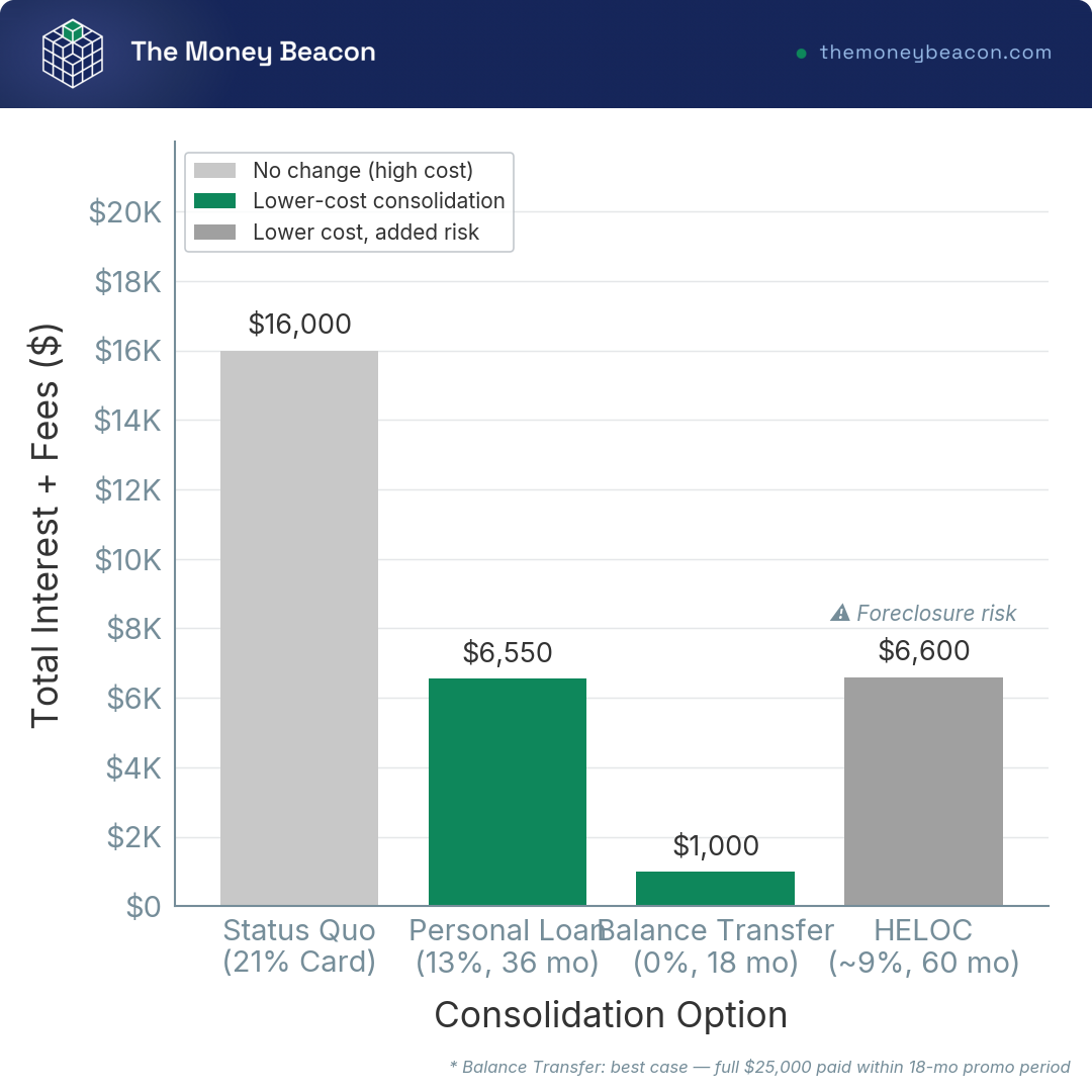 Bar chart comparing total interest plus fees across 4 consolidation options for $25,000 in credit card debt at 21% APR.
