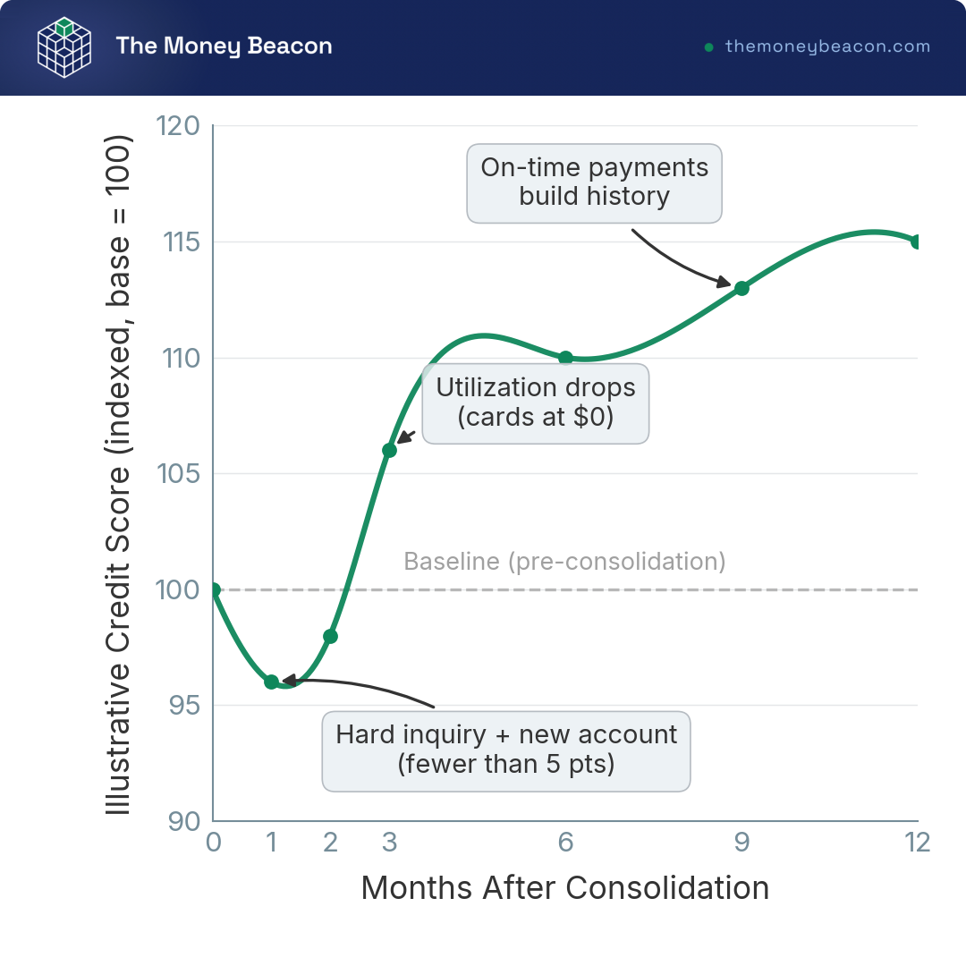 Line chart illustrating credit score over 12 months after debt consolidation: initial dip from hard inquiry, then rise as utilization drops and payments build.