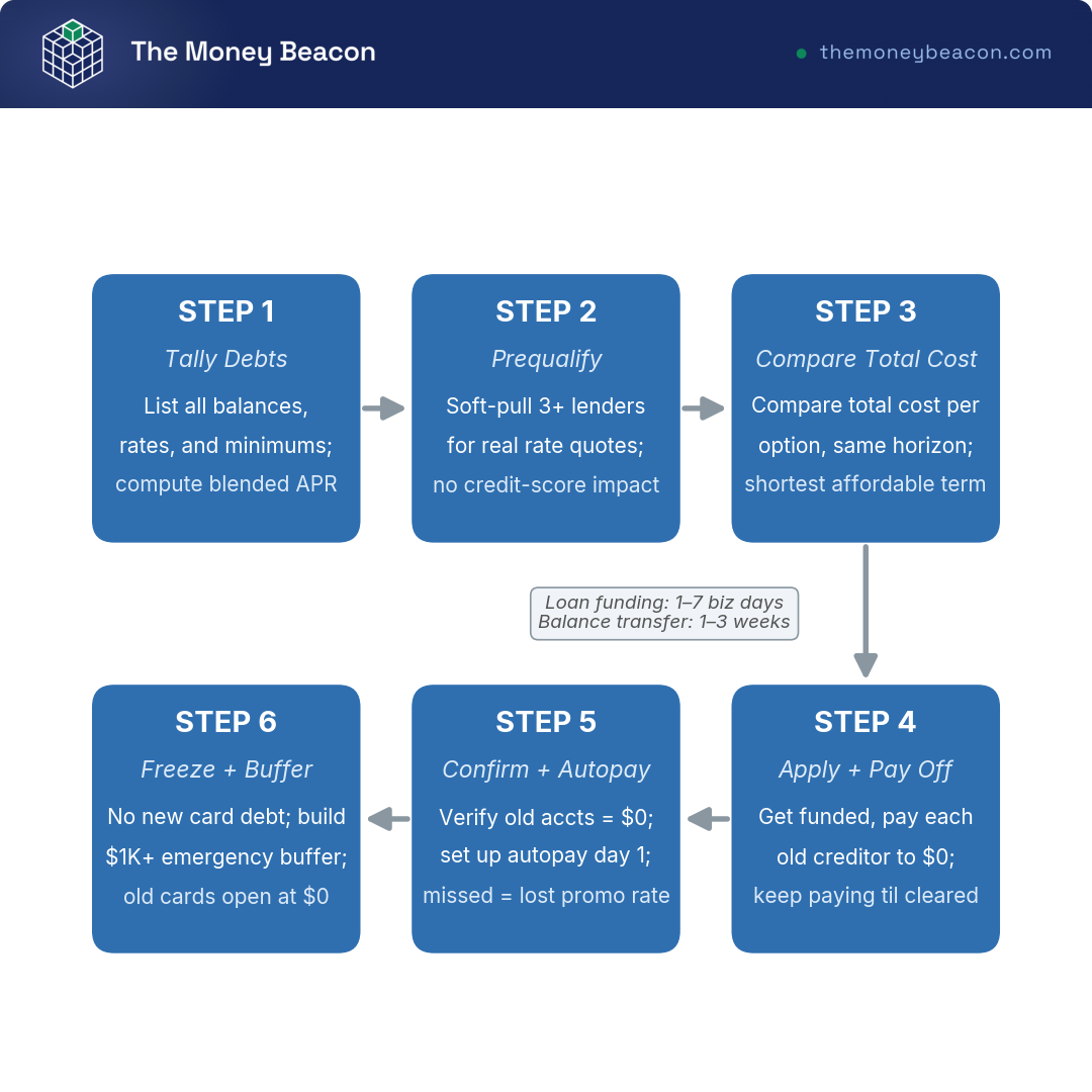 Flowchart showing 6 sequential steps of the debt consolidation process from tallying debts to freezing new spending and building a buffer.