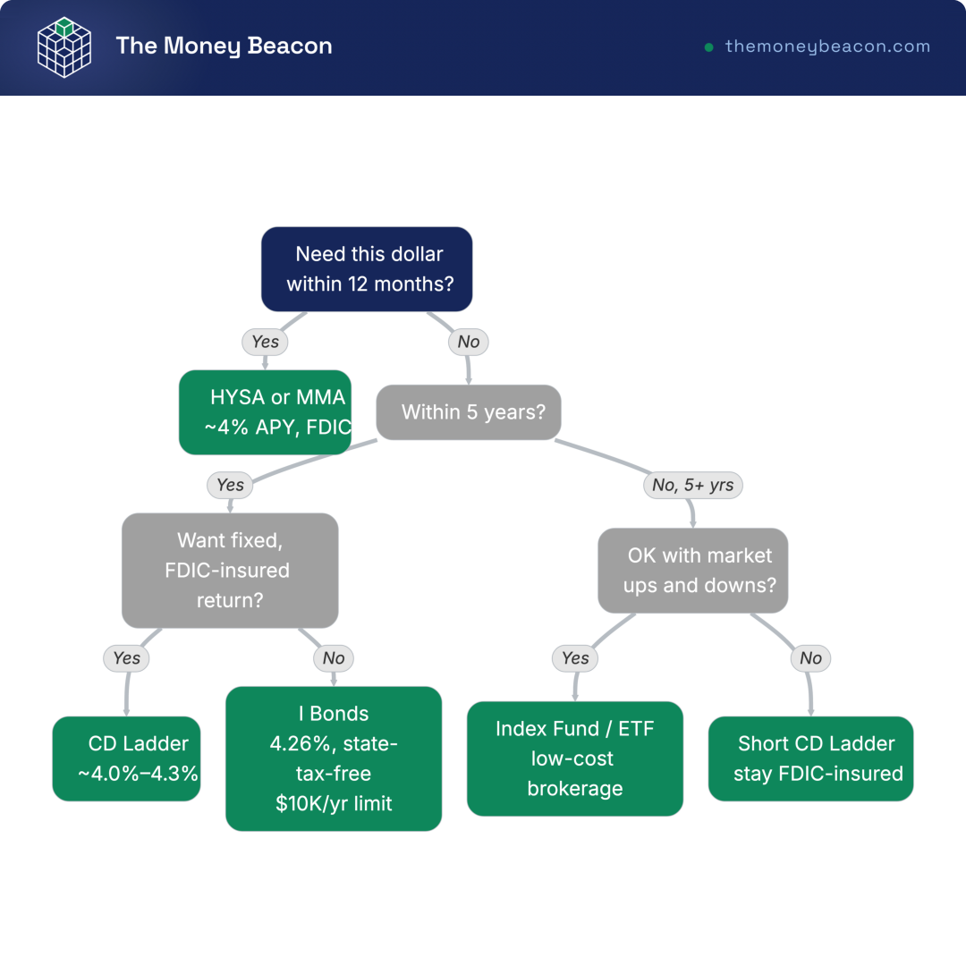 Decision tree routing one dollar by time horizon to a savings vehicle: HYSA or MMA under a year, CD ladder or I bonds for 1-5 years, index fund for 5+ years.