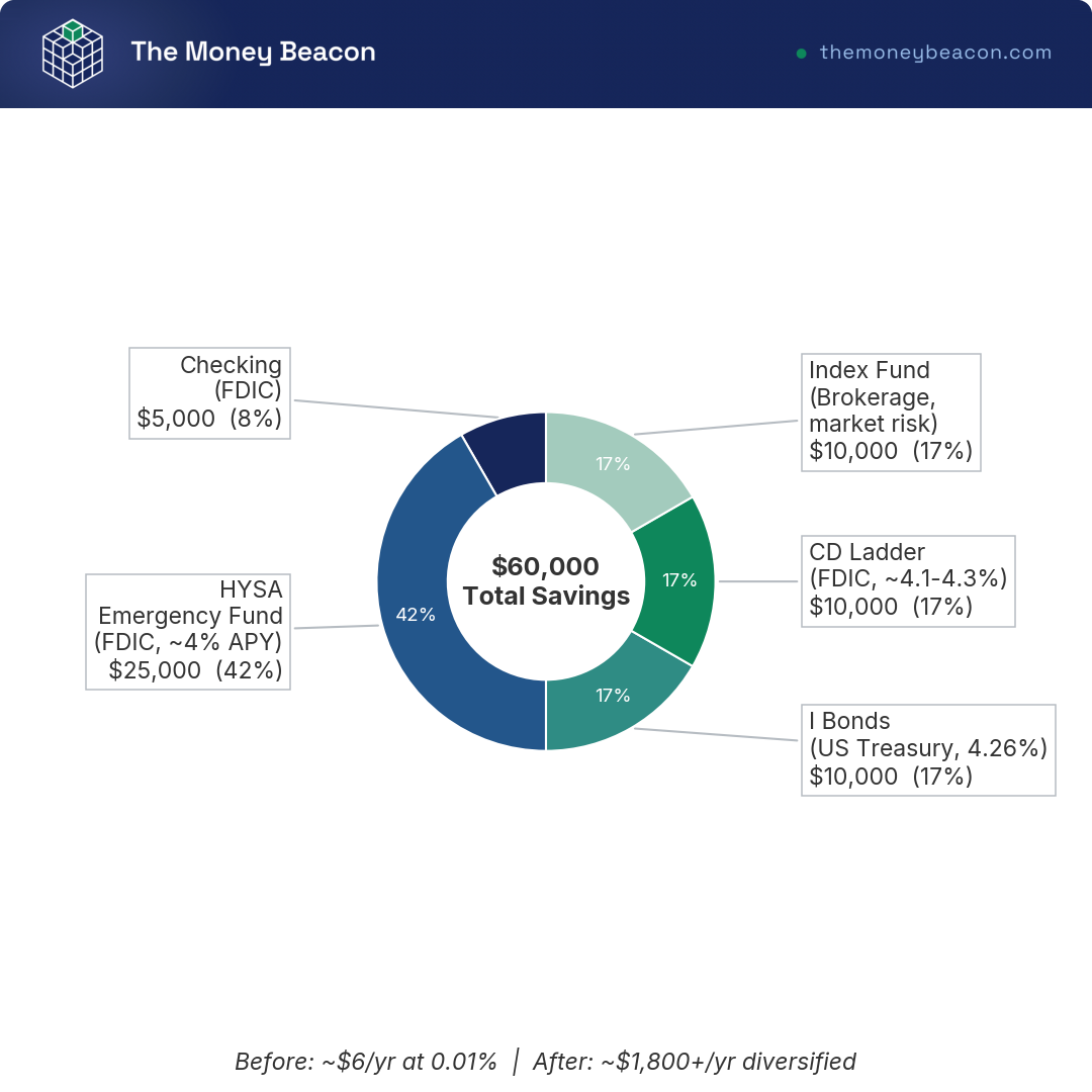 Donut chart splitting a $60,000 household savings into checking, HYSA emergency fund, I bonds, CD ladder, and index fund wedges, labeled by protection type.