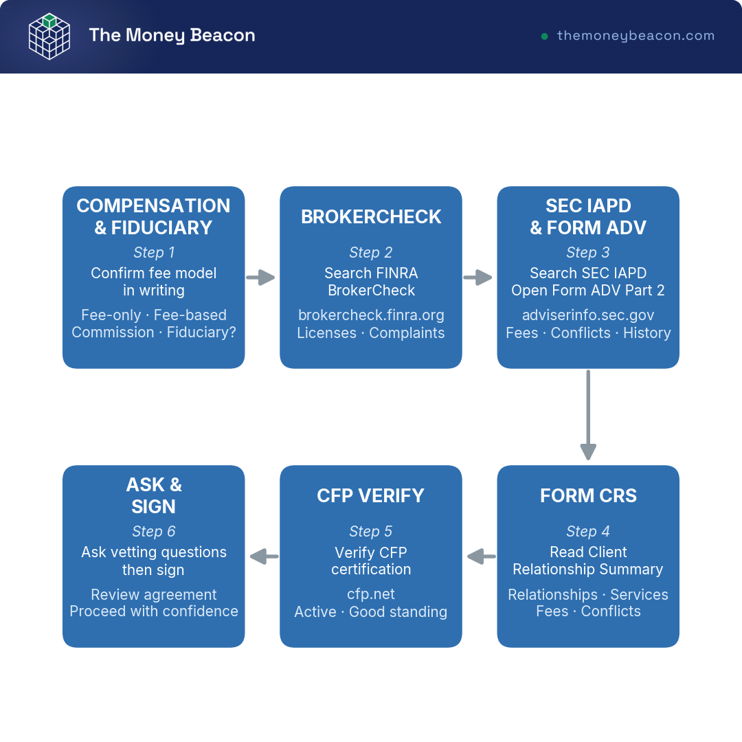 Flowchart of six ordered stages to vet an advisor, from confirming compensation and fiduciary status through BrokerCheck, IAPD, Form CRS, and CFP check to signing.