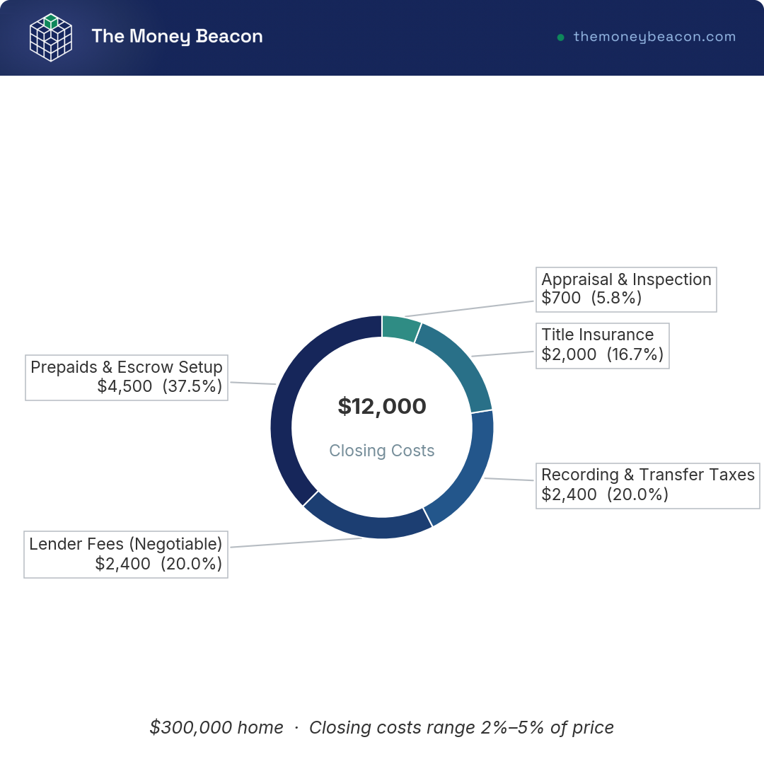 Donut chart breaking a $12,000 closing-cost total on a $300,000 home into lender fees, title insurance, prepaids, appraisal, and taxes.