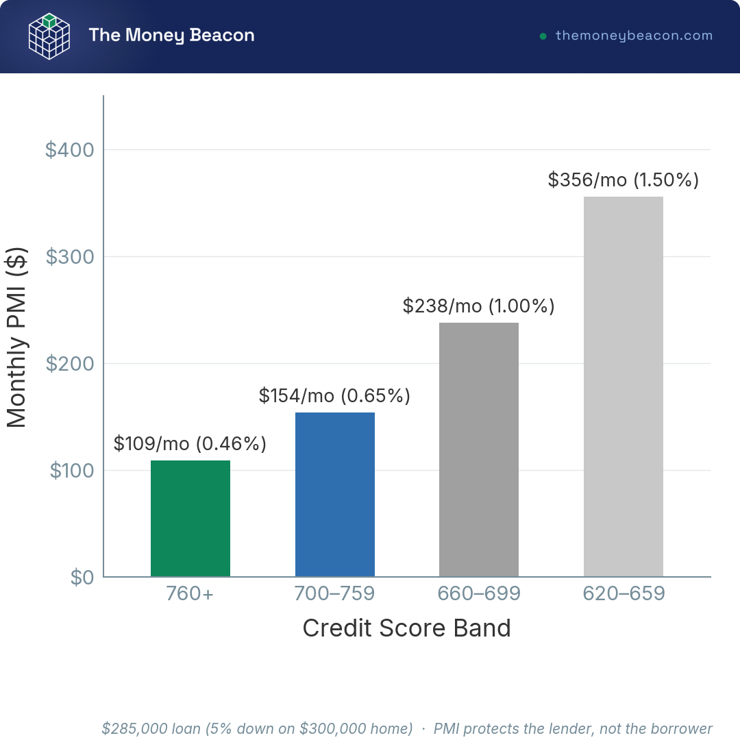 Bar chart of approximate monthly PMI by credit-score band on a $285,000 loan, from about $109 at 760+ to about $356 at 620-659.