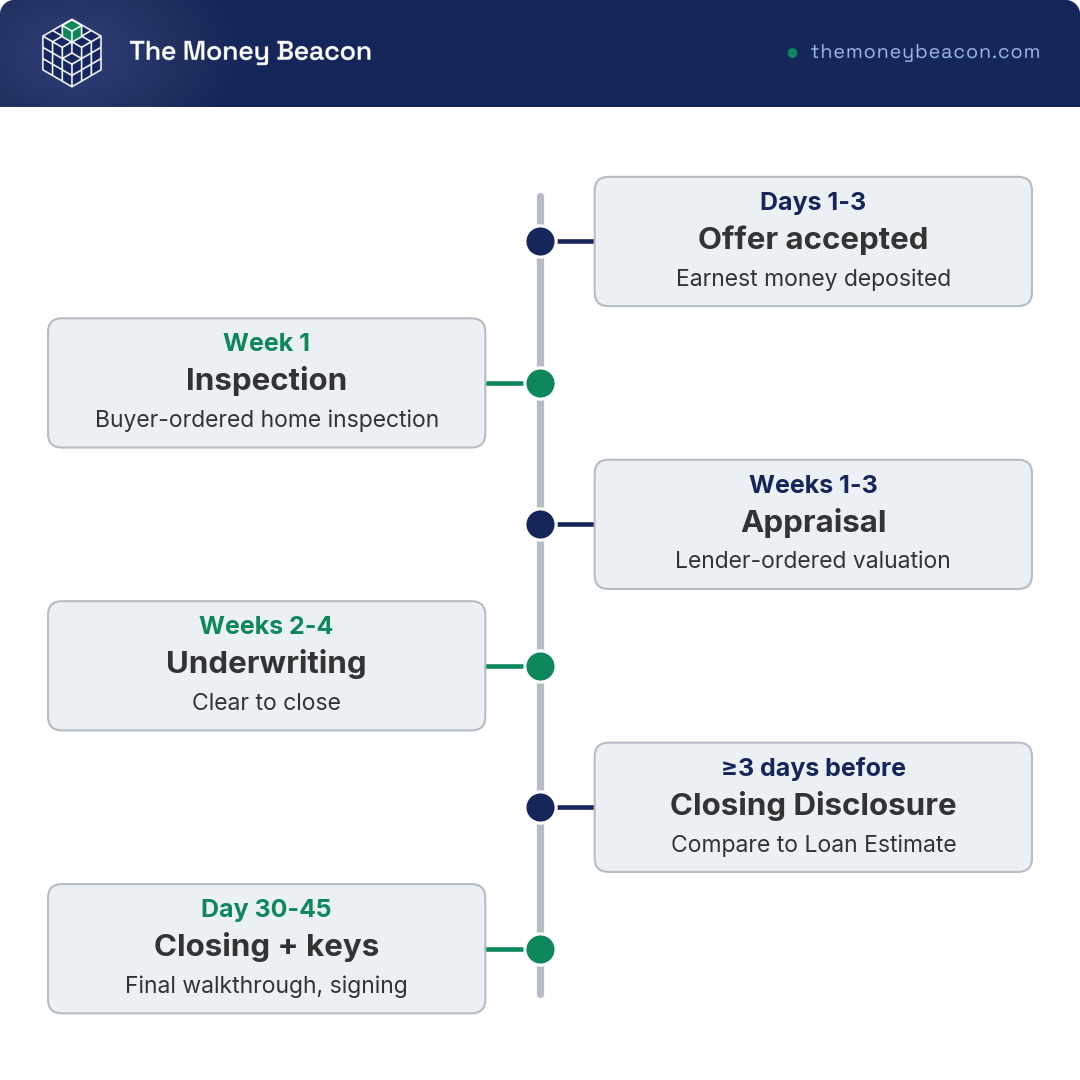Timeline of the 30-45 day path from accepted offer to closing: earnest money, inspection, appraisal, underwriting, disclosure, keys.