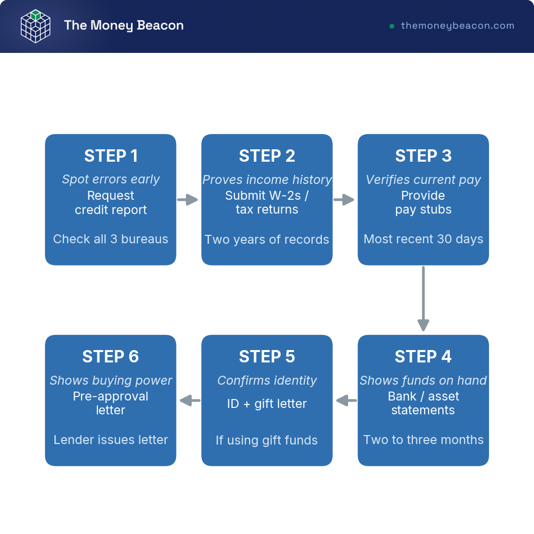 Flowchart of the pre-approval document steps from credit report to pay stubs to bank statements to the lender's pre-approval letter.