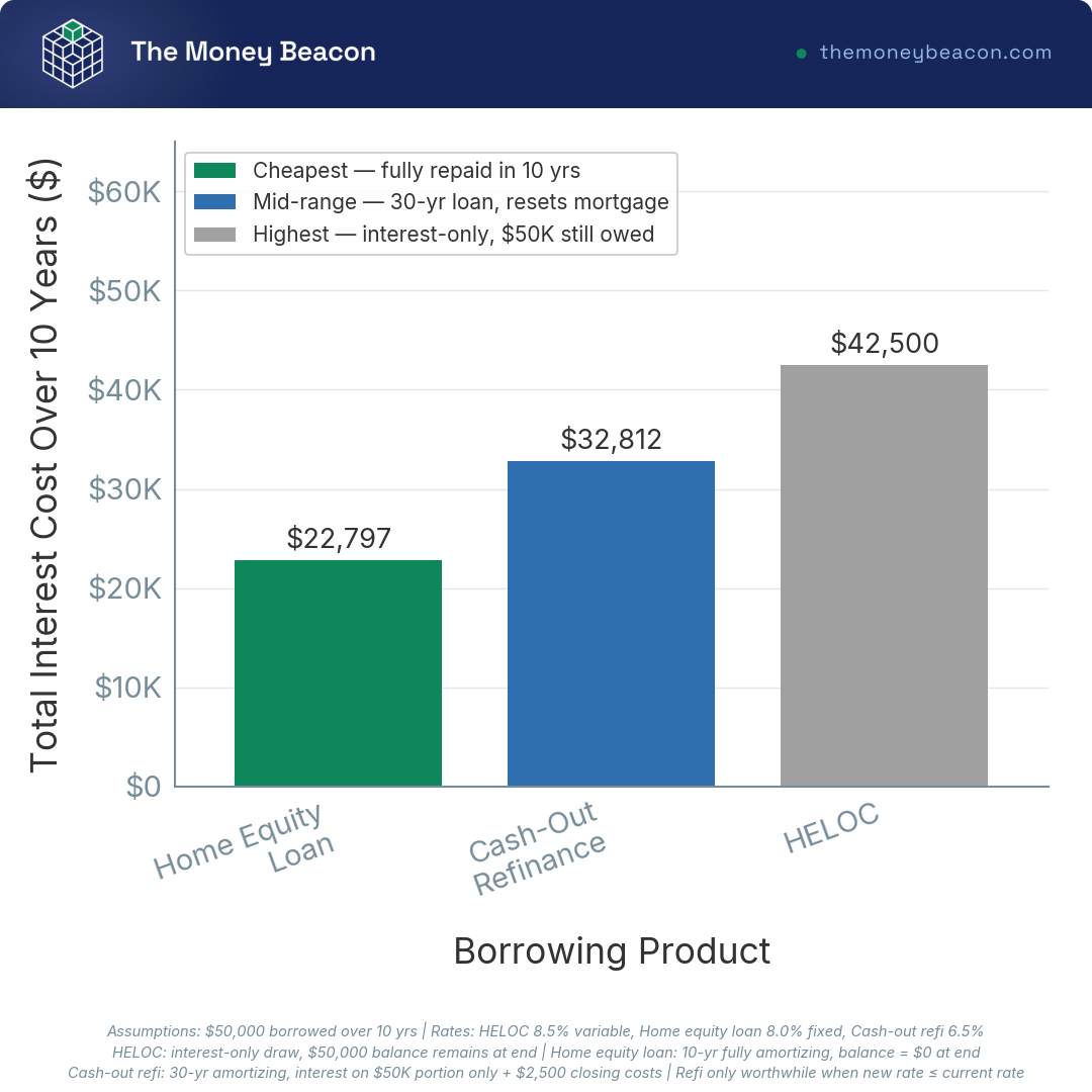 Bar chart comparing the total cost of borrowing $50,000 over 10 years via HELOC, fixed home equity loan, and cash-out refinance.