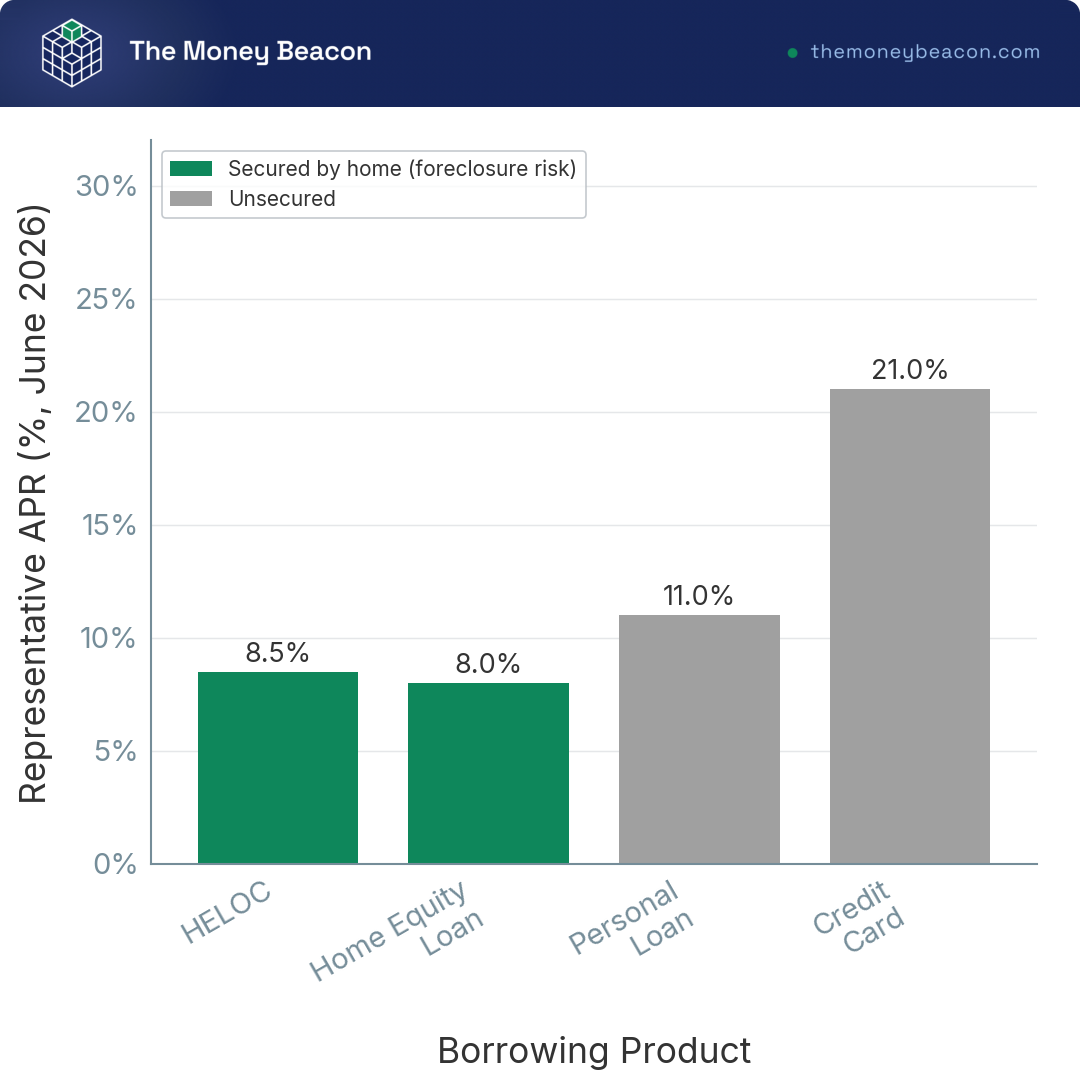 Bar chart comparing June 2026 representative APRs for HELOC, home equity loan, personal loan, and credit card, four bars with secured options highlighted.