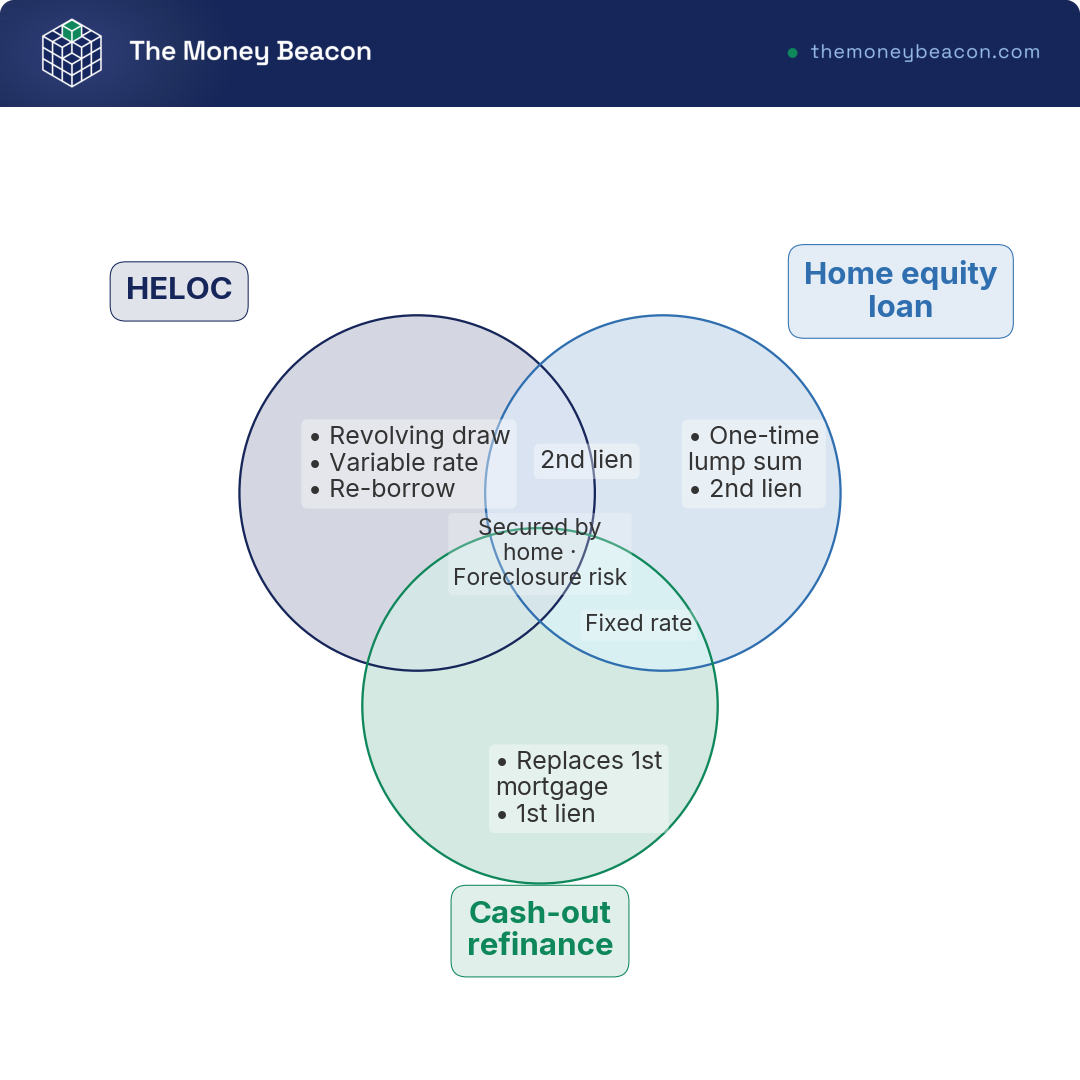 Venn diagram of HELOC, home equity loan, and cash-out refinance showing shared home collateral and the fixed-rate, revolving, and first-lien differences.