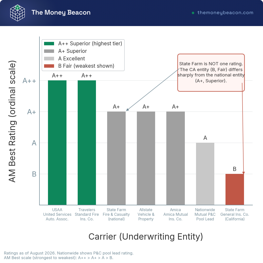 Bar chart of AM Best financial strength ratings for seven home insurance underwriting entities across six carrier brands.