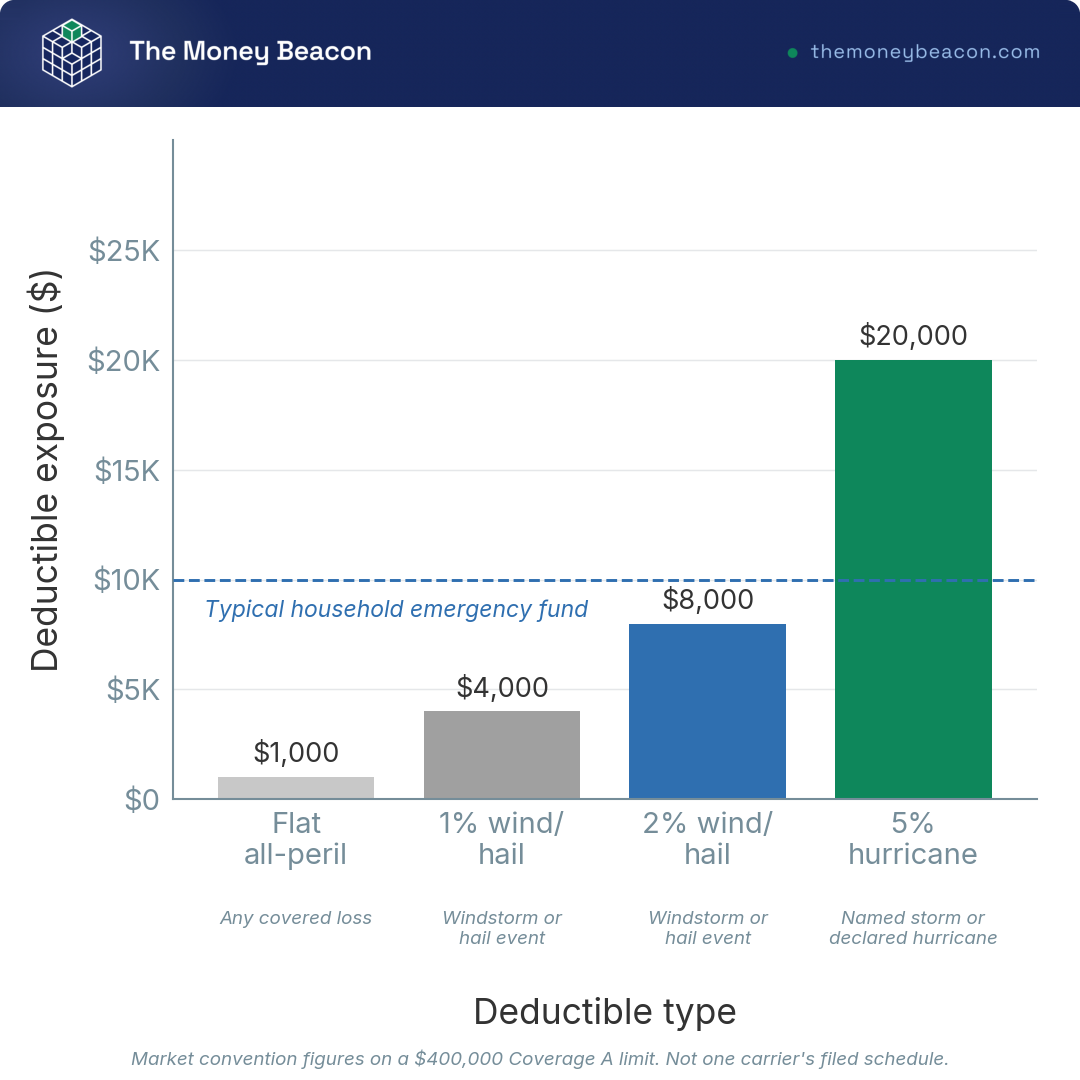 Bar chart of flat, wind, hail, and hurricane deductible dollar exposure on a $400,000 home insurance policy.