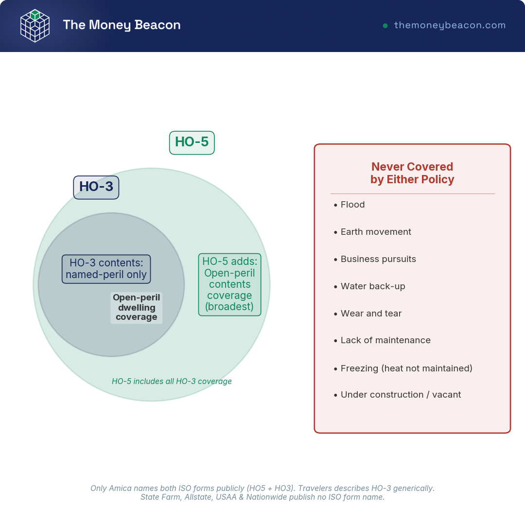 Venn diagram comparing HO-3 and HO-5 homeowners policy coverage against perils no homeowners policy covers.