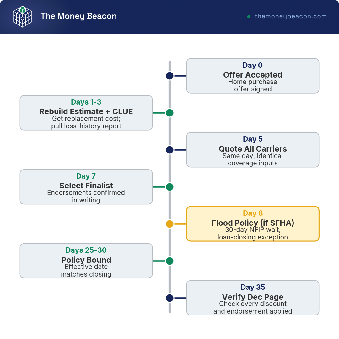 Annotated timeline of the home insurance shopping process from offer accepted to policy bound, with a flood insurance deadline.