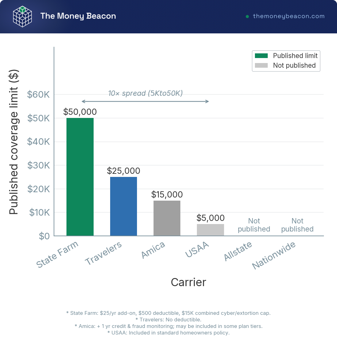 Bar chart of published identity theft or fraud coverage limits inside homeowners insurance, across six carriers.