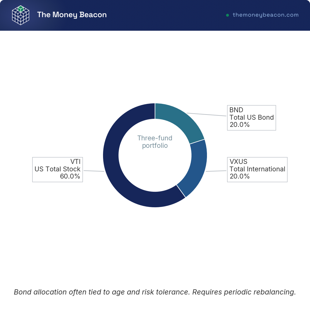 Donut chart of a sample three-fund portfolio: 60% VTI US stock, 20% VXUS international, 20% BND bond.