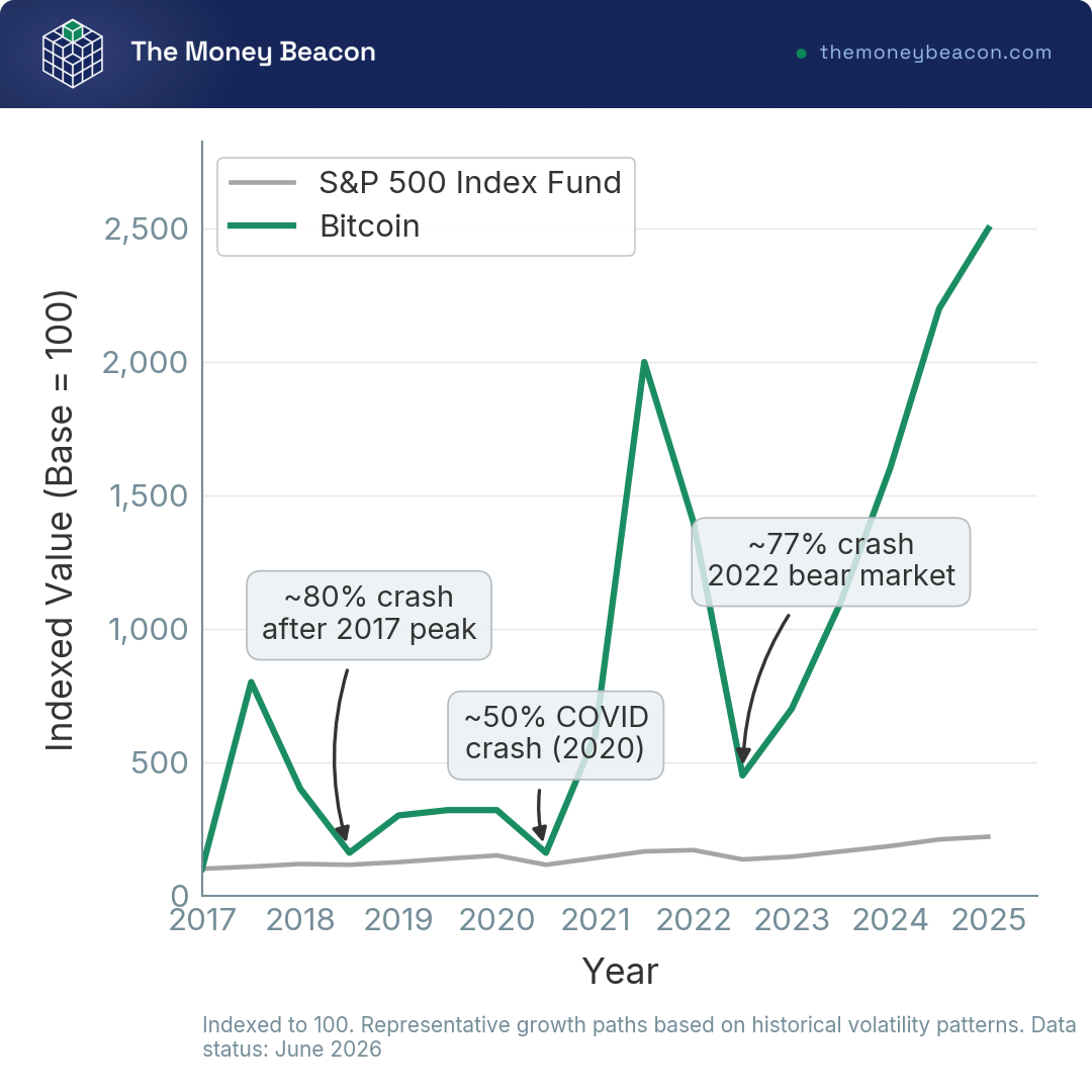 Line chart of two indexed paths from a base of 100, a broad stock index fund vs. Bitcoin, with callouts marking large Bitcoin drawdowns.