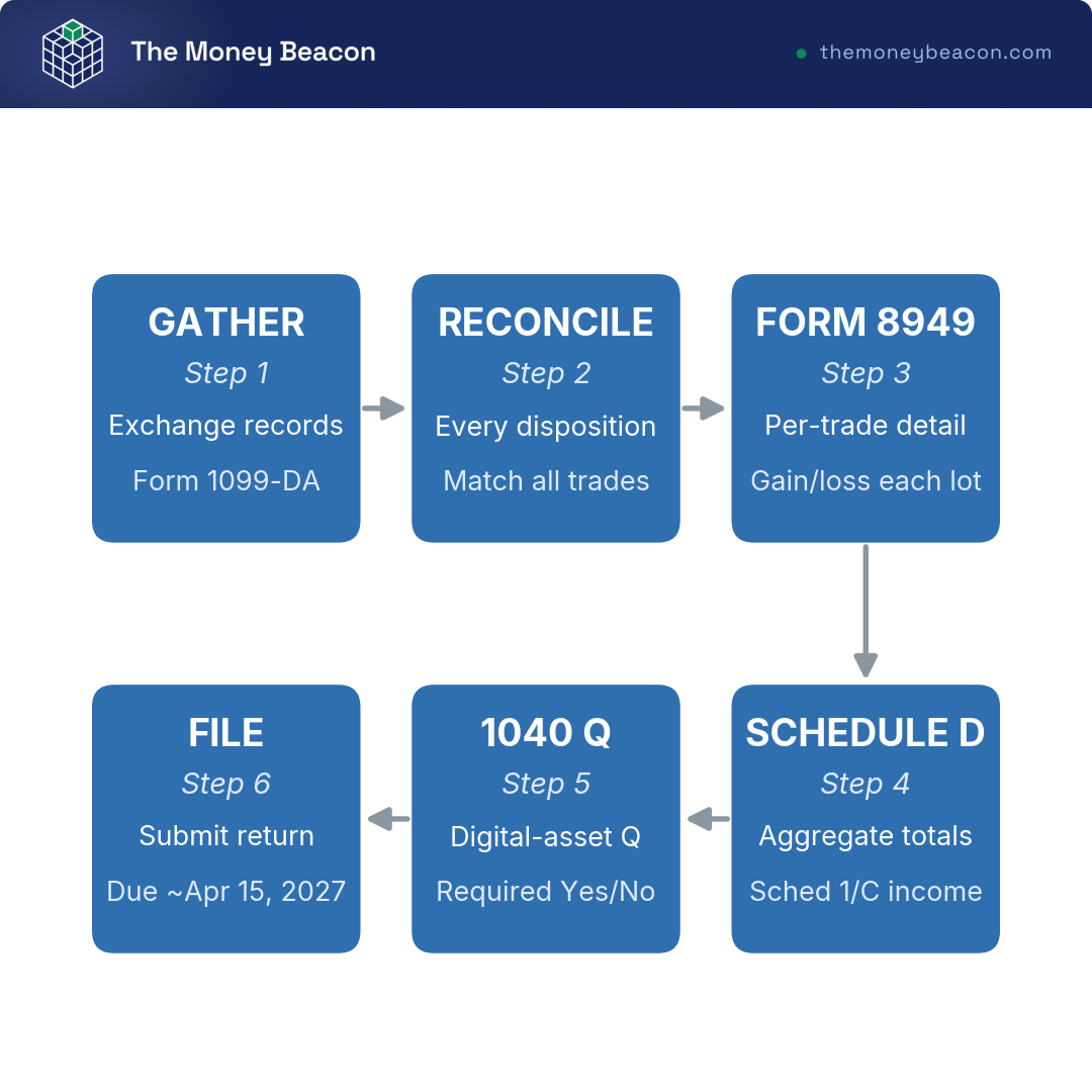 Flowchart of six year-end crypto tax steps: gather 1099-DA, reconcile, fill Form 8949, roll into Schedule D, answer the 1040 question, file.