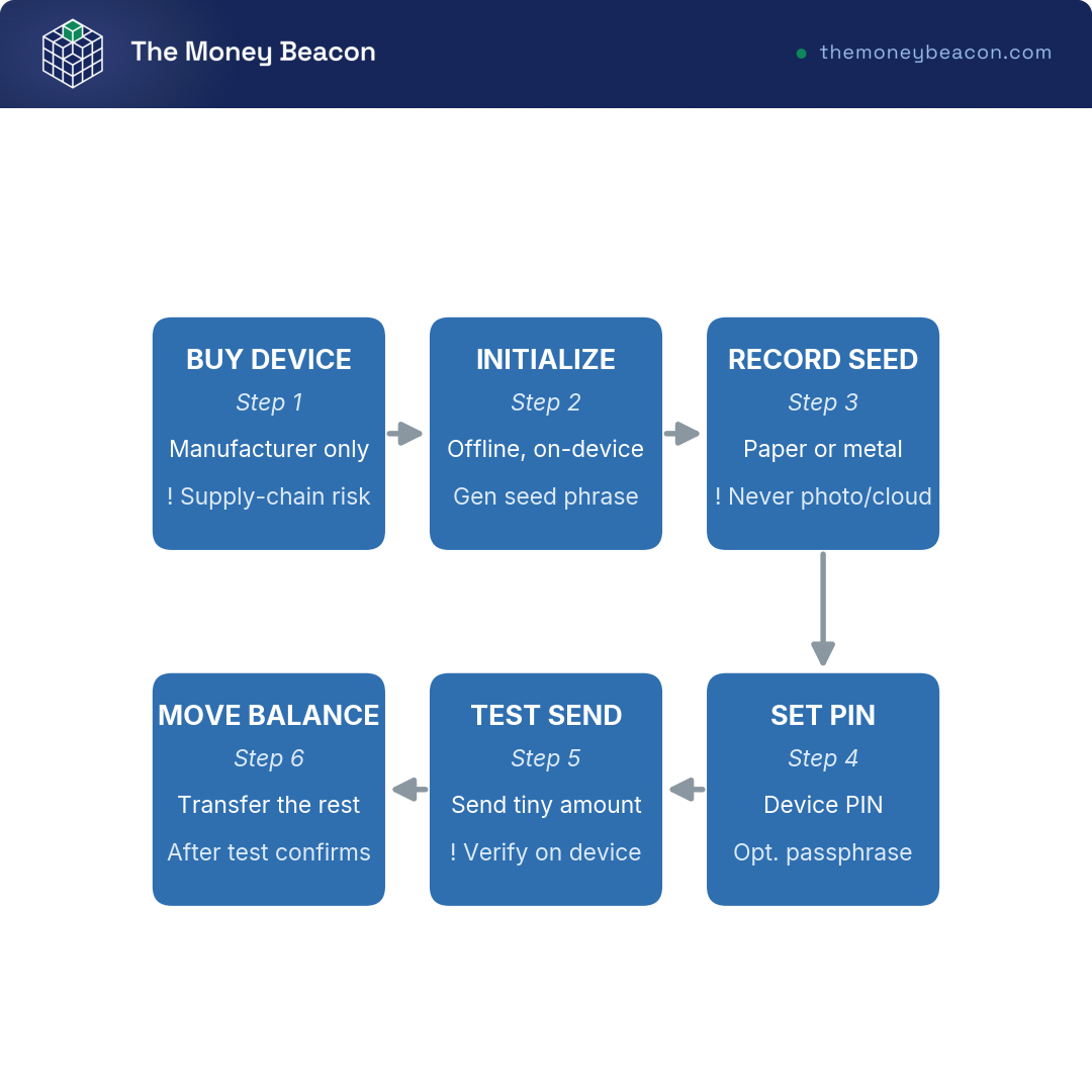 Flowchart of six hardware-wallet setup steps from buying the device to moving the full balance, each with a risk callout below.