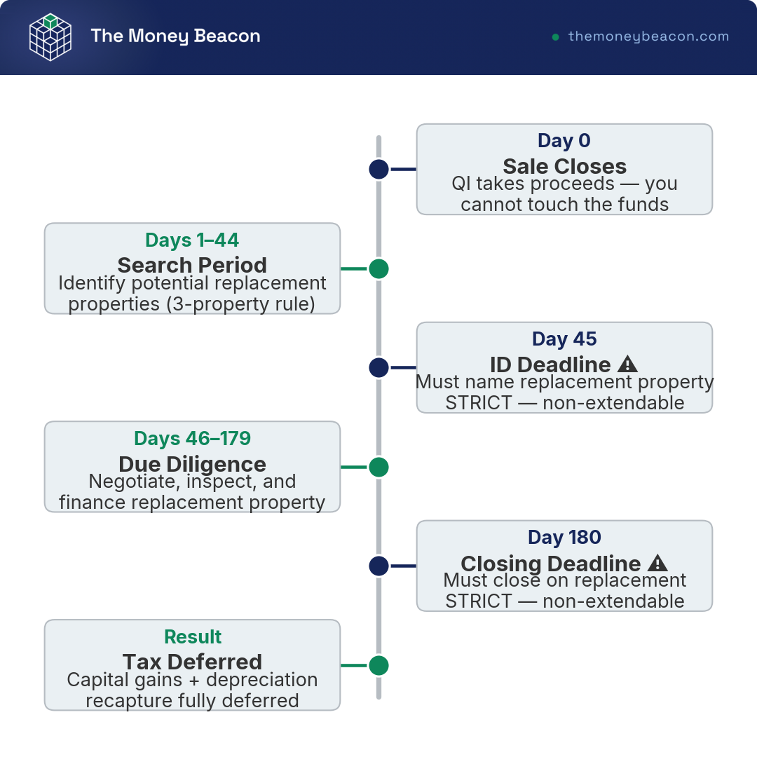 Timeline marking the three 1031 exchange milestones: Day 0 sale closes, Day 45 identification deadline, Day 180 closing deadline.