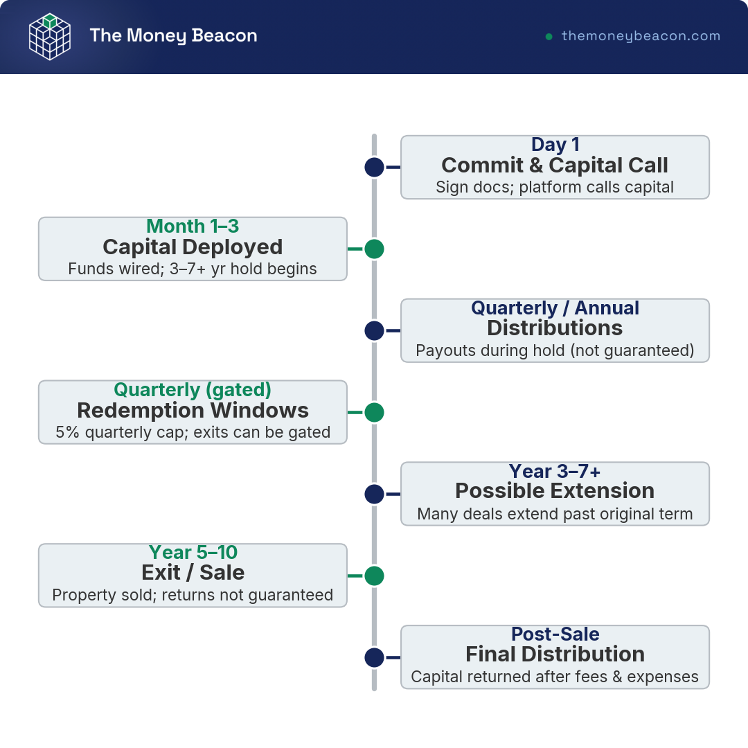 Timeline tracking a crowdfunding investment from commit and capital call through the multi-year hold, distributions, possible extension, and exit.