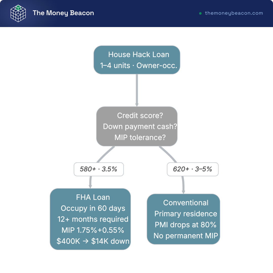 Decision tree routing a house hacker to FHA or conventional owner-occupant financing based on credit, down-payment cash, units, and MIP tolerance.