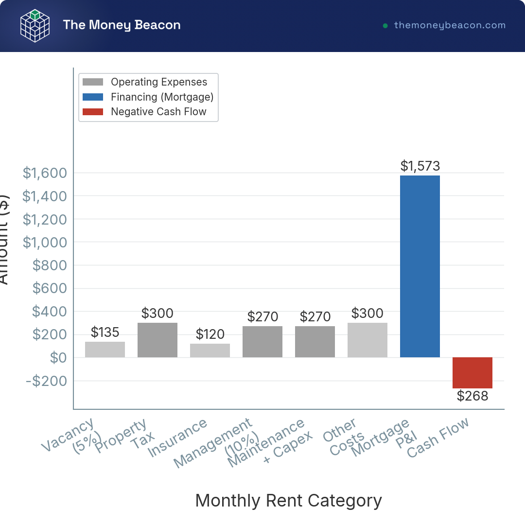 Vertical bar chart breaking a $2,700 monthly rent into vacancy, taxes, insurance, management, maintenance, mortgage, and negative cash flow.