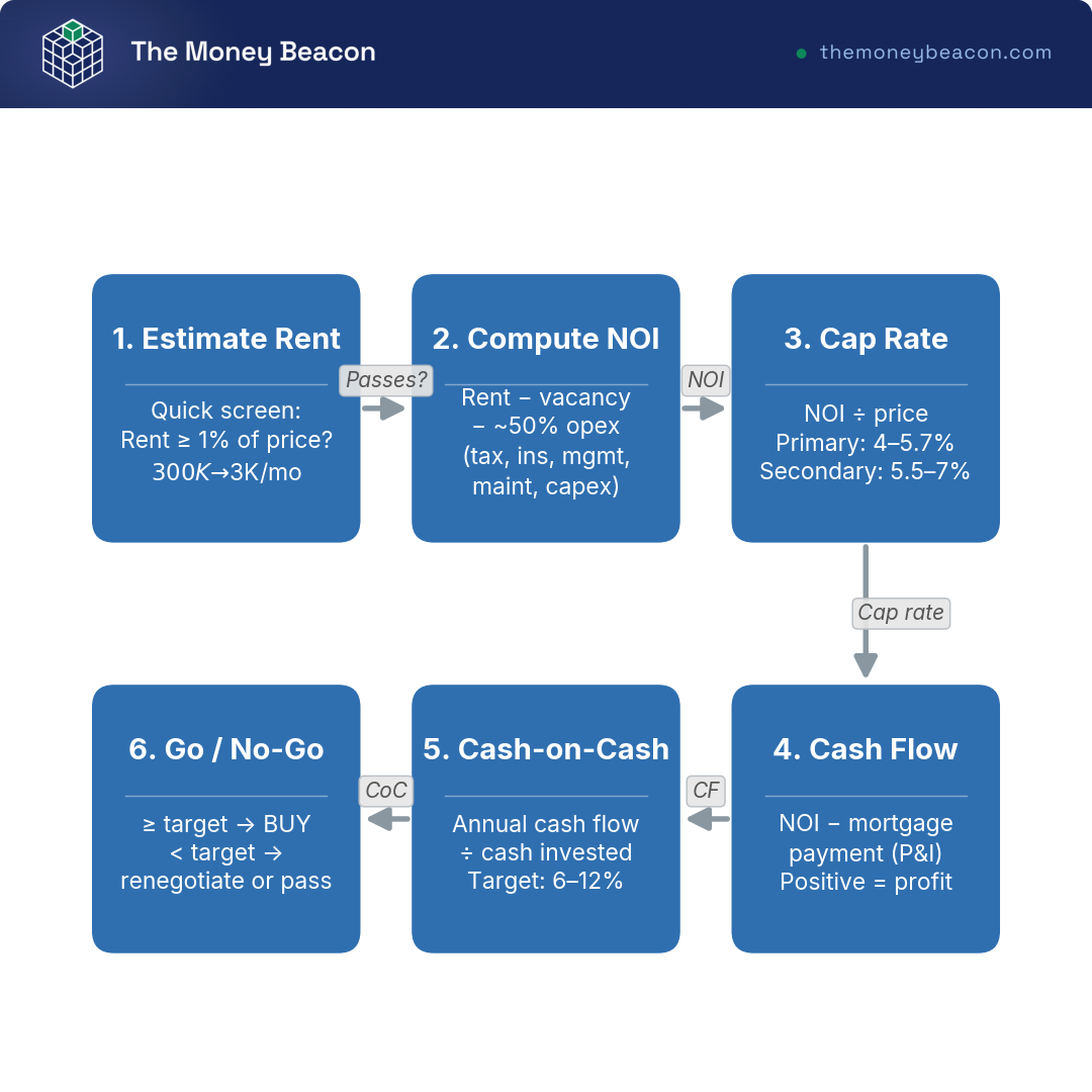 Flowchart sequencing rental underwriting: estimate rent, compute NOI, cap rate, cash flow, cash-on-cash, then a go or no-go decision.