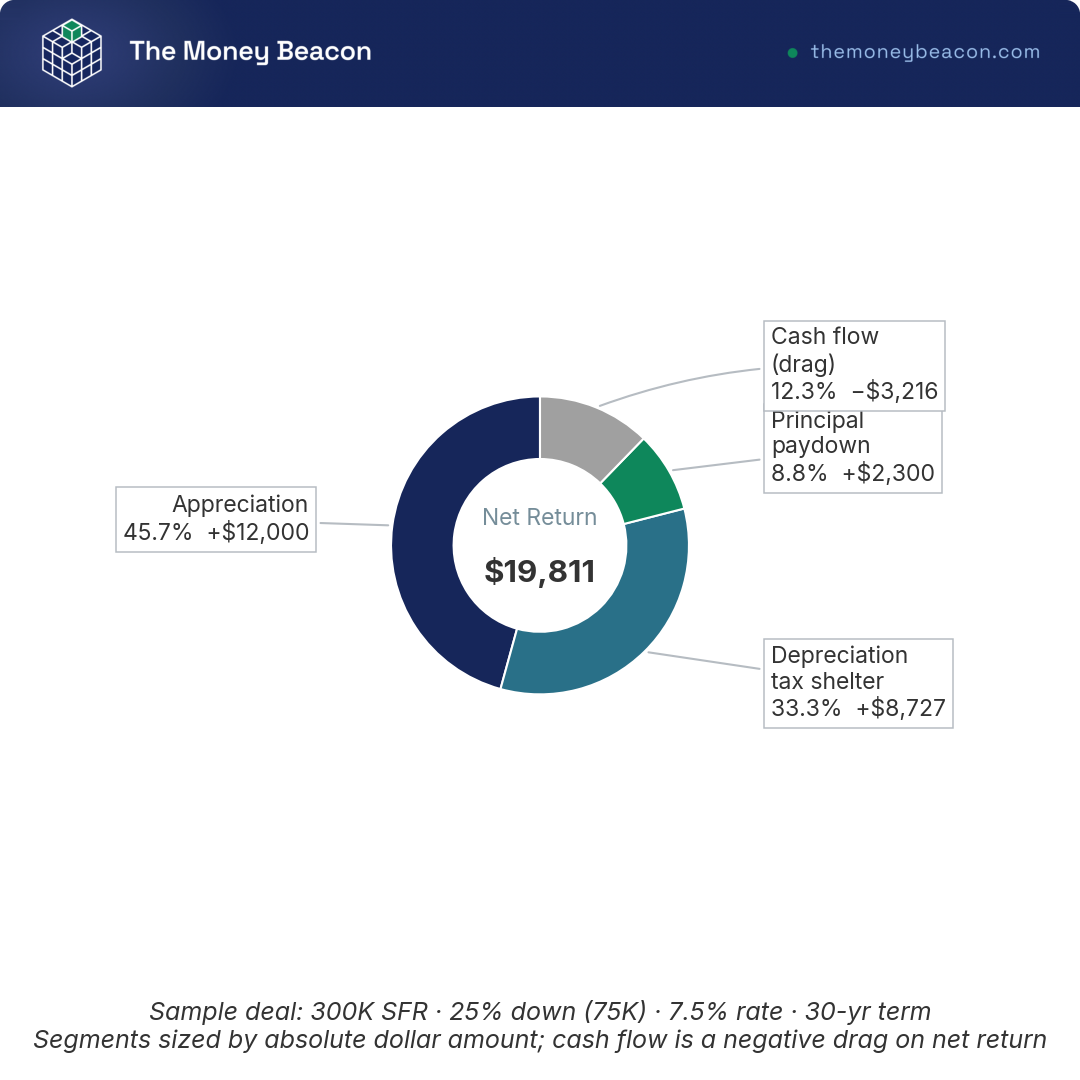 Donut chart splitting a leveraged rental's Year-1 total return into cash flow, principal paydown, appreciation, and the depreciation tax shelter.