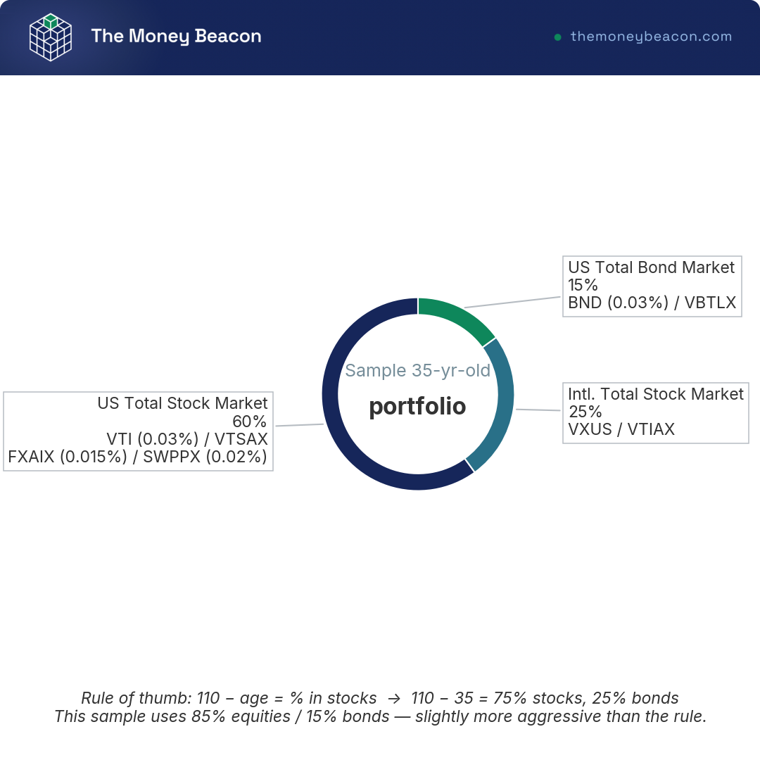 Donut chart of a sample three-fund portfolio for a 35-year-old: 60% US stocks, 25% international, 15% bonds with example ETF tickers.