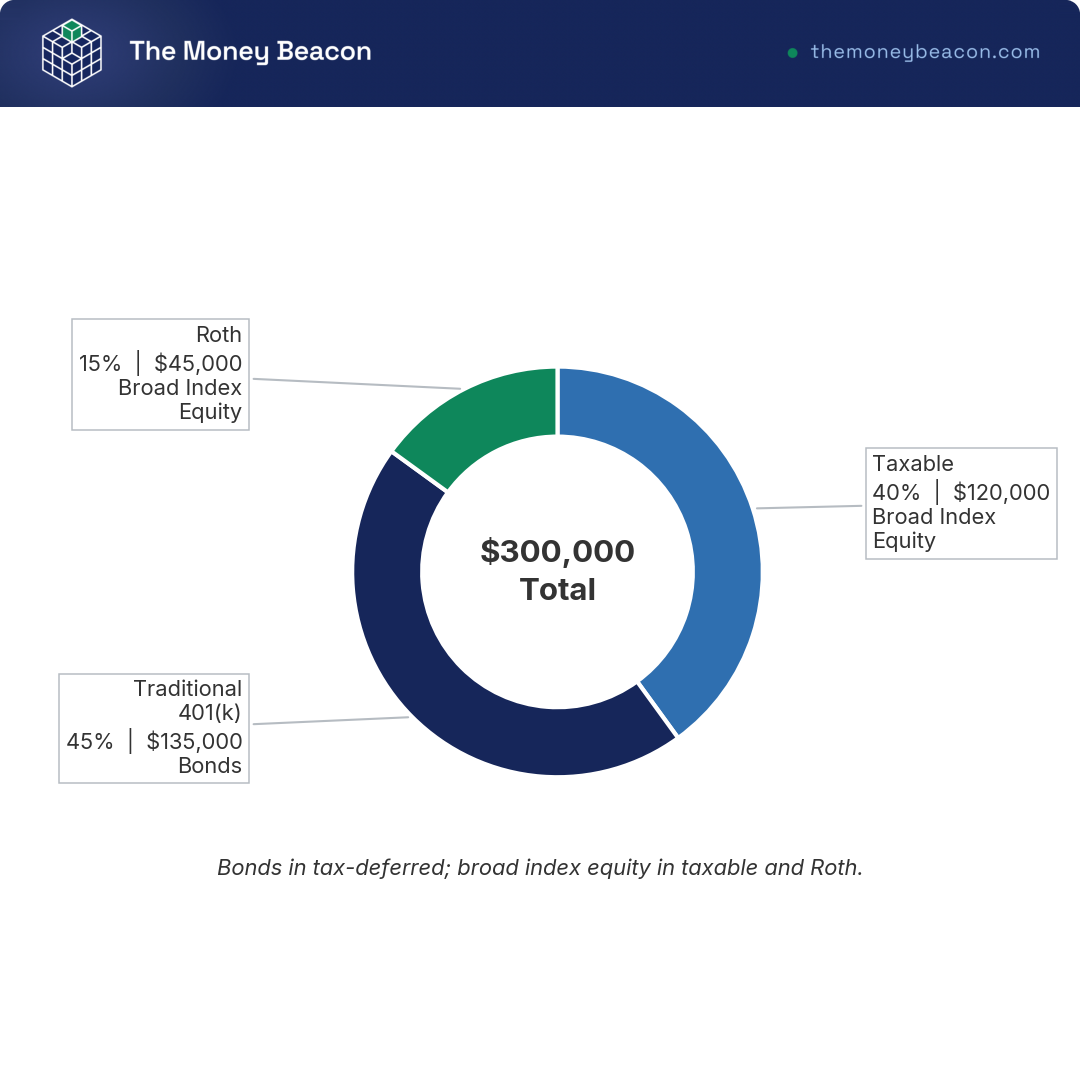 Two-level donut chart of a $300,000 portfolio split by account (taxable 40%, 401k 45%, Roth 15%) and by asset class held in each.