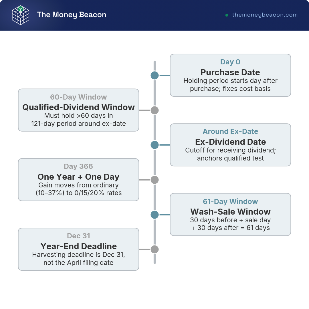 Timeline of one stock holding showing four tax clocks: holding period, qualified-dividend window, wash-sale window, and December 31 deadline.