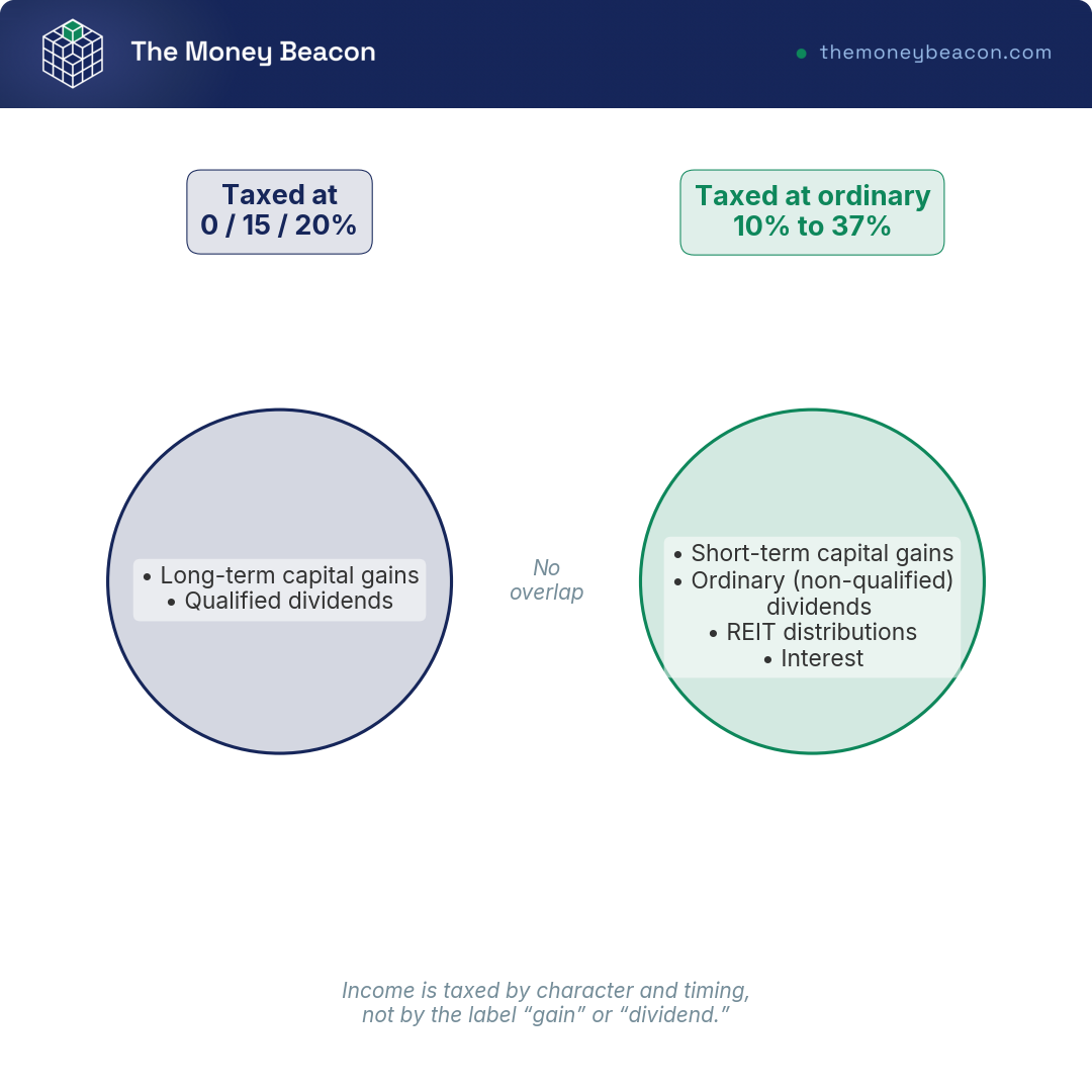 Venn diagram with two non-overlapping circles: income taxed at 0/15/20% versus income taxed at ordinary 10% to 37% rates.