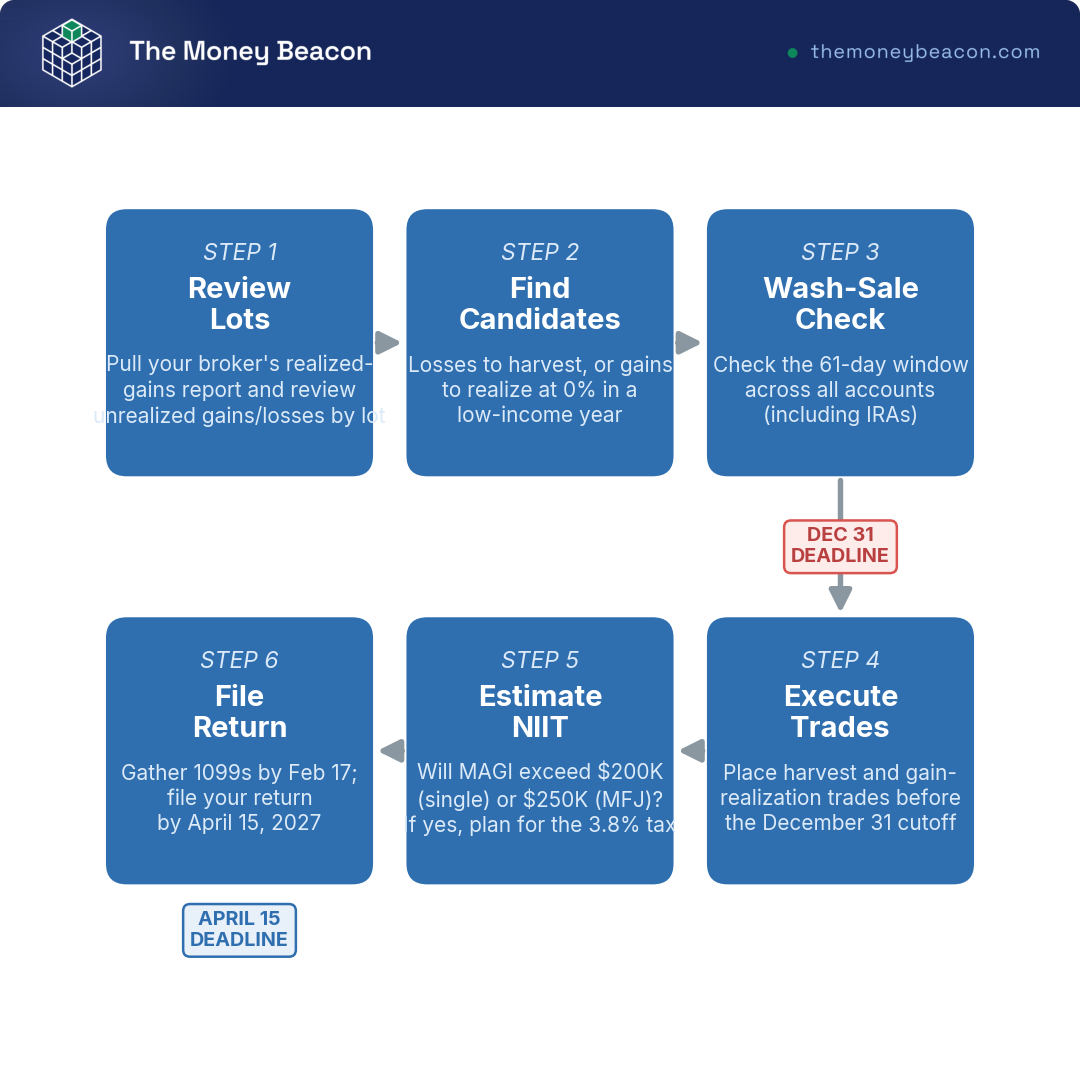Flowchart of the six-step year-end tax workflow, separating the December 31 action deadline from the April 15 filing deadline.