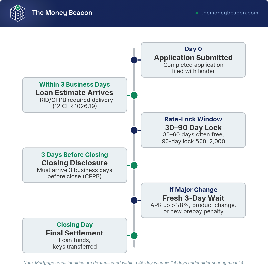 Horizontal timeline from application to closing marking the 3-day Loan Estimate deadline, the 30 to 90 day rate-lock window, and the 3-day Closing Disclosure delivery.
