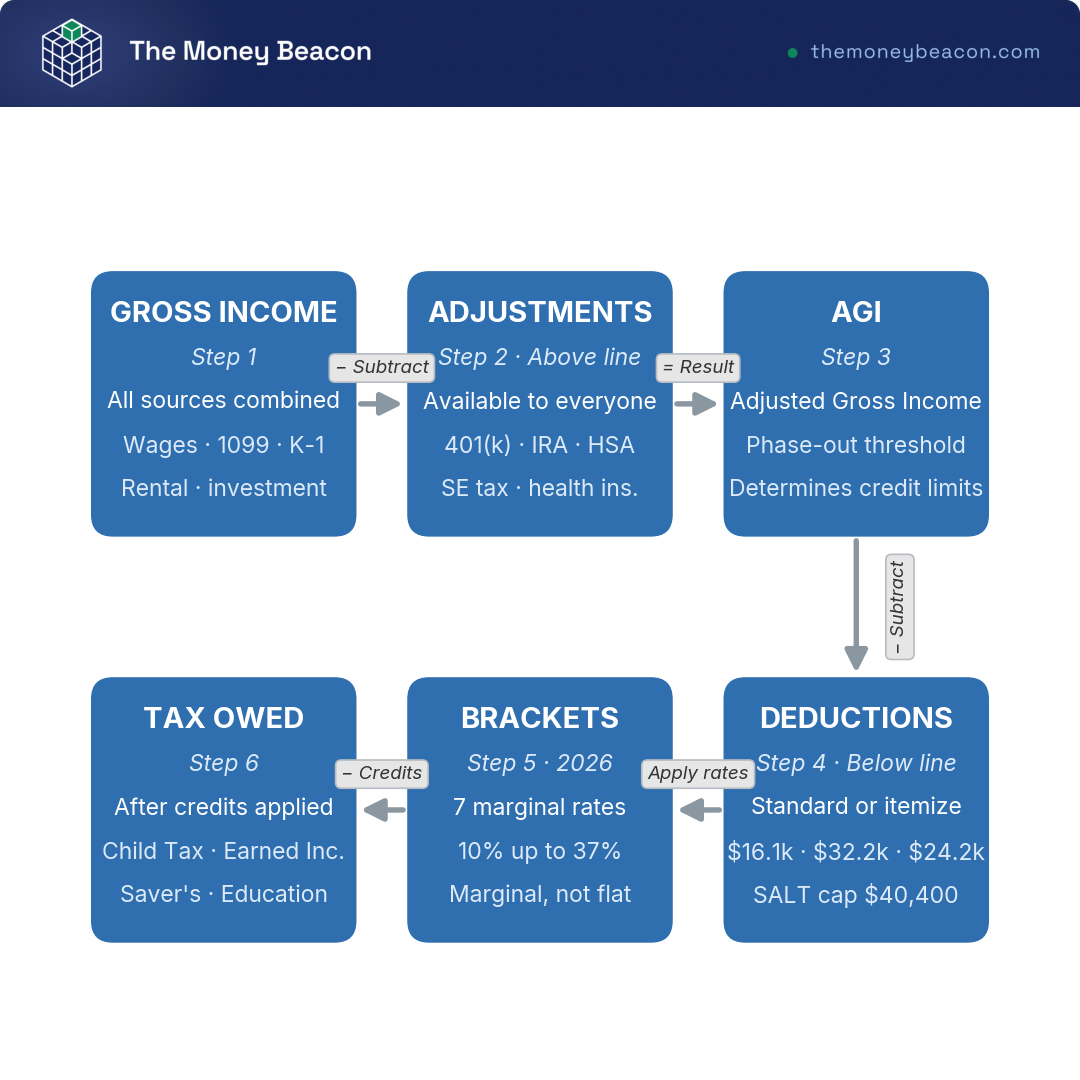 Flowchart with six left-to-right stages from gross income to tax owed, labeling where adjustments, deductions, brackets, and credits each apply.
