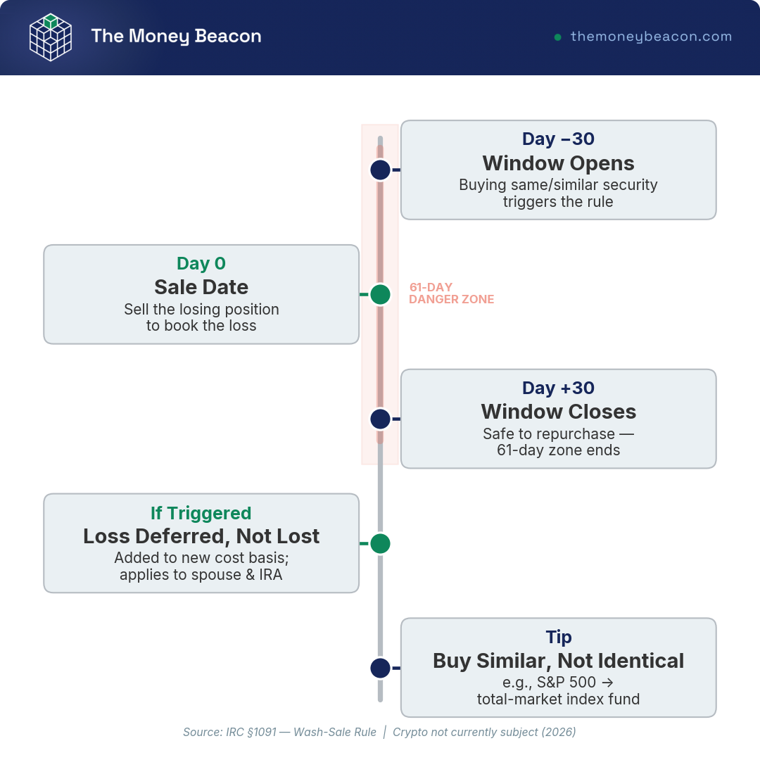 Timeline centered on a sale date showing the 61-day wash-sale window, 30 days before and after, when repurchasing a similar security voids the loss.