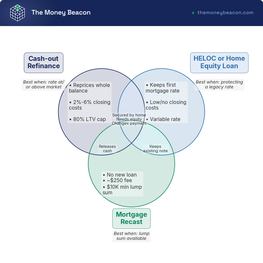 Venn diagram comparing cash-out refinance, HELOC or home equity loan, and mortgage recast by shared and distinct features.