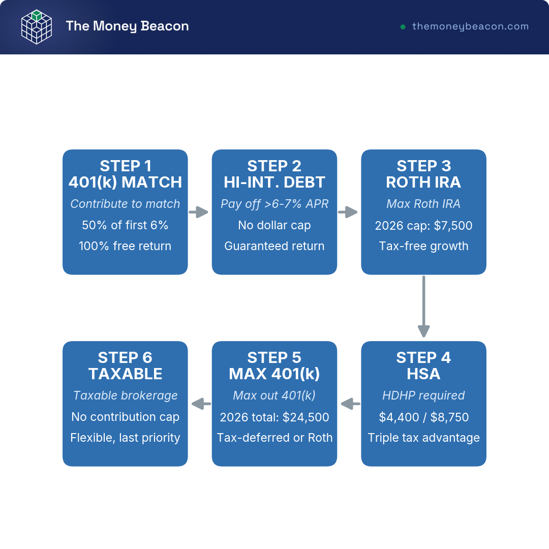 Flowchart showing 6 sequential steps for funding retirement accounts in tax-optimal order: employer match, debt payoff, Roth IRA, HSA, 401(k), then taxable brokerage.
