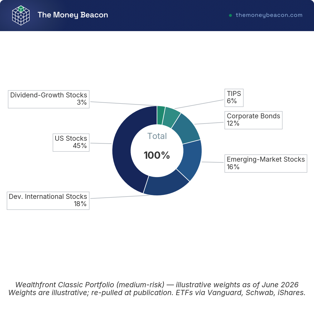 Donut chart of a medium-risk Wealthfront Classic Portfolio by asset class: US stocks 45%, international 18%, emerging 16%, bonds 12%, TIPS 6%, dividend growth 3%.