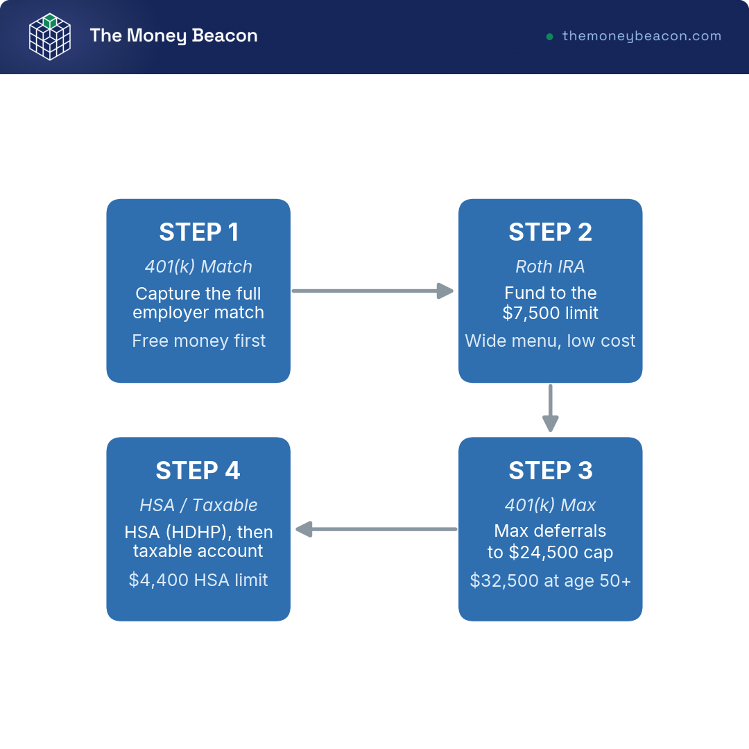 Flowchart of the 2026 order of operations: capture the 401k match, fund a Roth IRA to $7,500, max the 401k, then HSA and taxable.