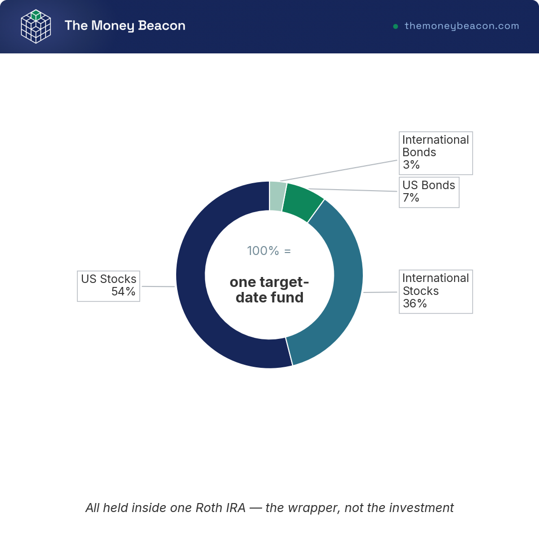 Donut chart of the asset classes inside one target-date 2055 fund: US stocks, international stocks, US bonds, and international bonds.