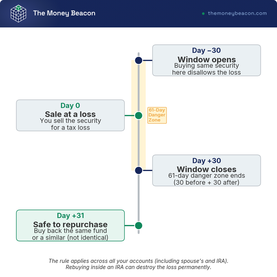 Timeline of the 61-day wash-sale window: 30 days before and after a sale disallow a repurchased loss; day 31 marks safe repurchase.