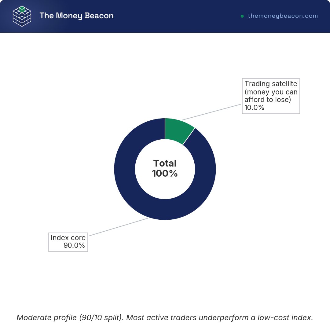 Donut chart of a core-and-satellite account split: 90% index core and 10% trading satellite labeled money you can afford to lose.