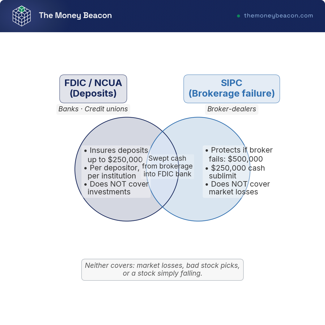 Venn diagram comparing FDIC/NCUA deposit insurance ($250,000) and SIPC brokerage-failure protection ($500,000), with swept cash in the overlap.