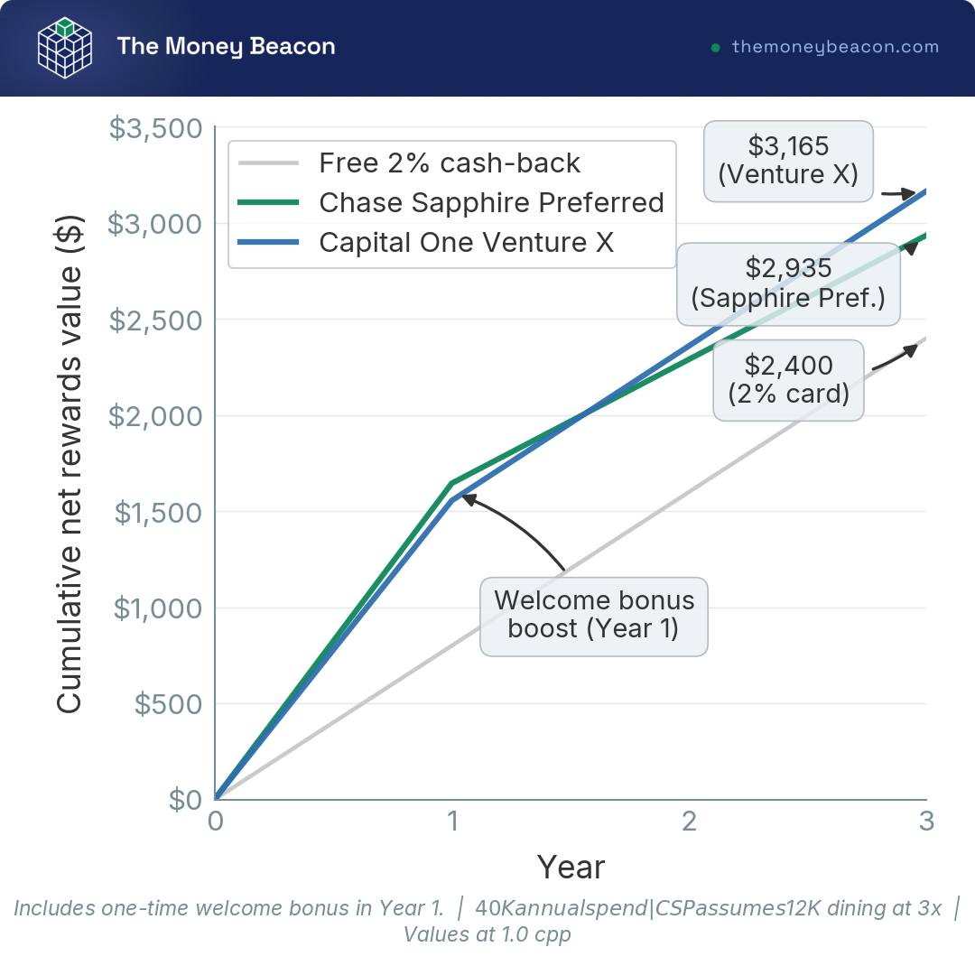 Line chart of three-year cumulative net rewards value for a free 2% card, Sapphire Preferred, and Venture X at $40,000 annual spend.