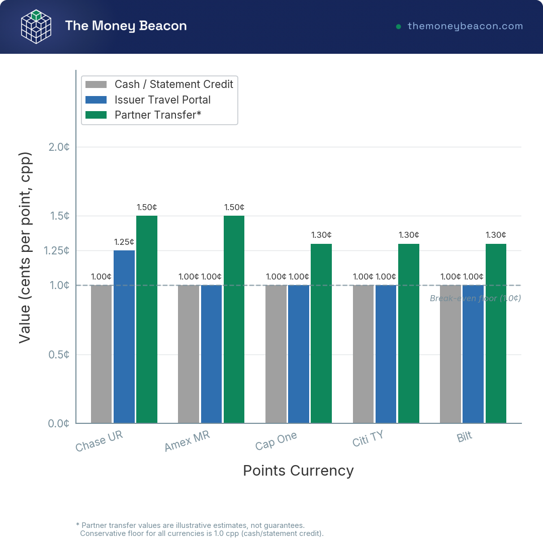 Bar chart comparing per-point value in cents for five transferable points currencies across cash-out, issuer portal, and partner transfer.